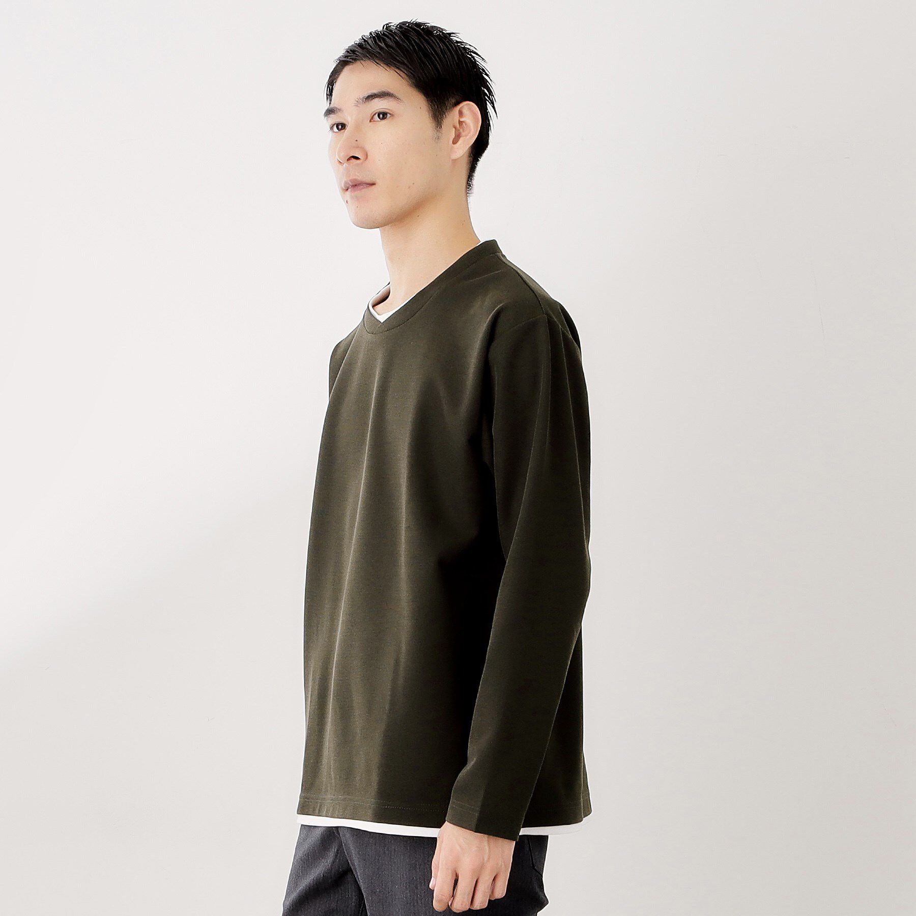 THE SHOP TK「【一枚でコーディネートが完成！】レイヤード風クルーネック長袖Tシャツ　洗濯機OK」|Tシャツ・カットソー|