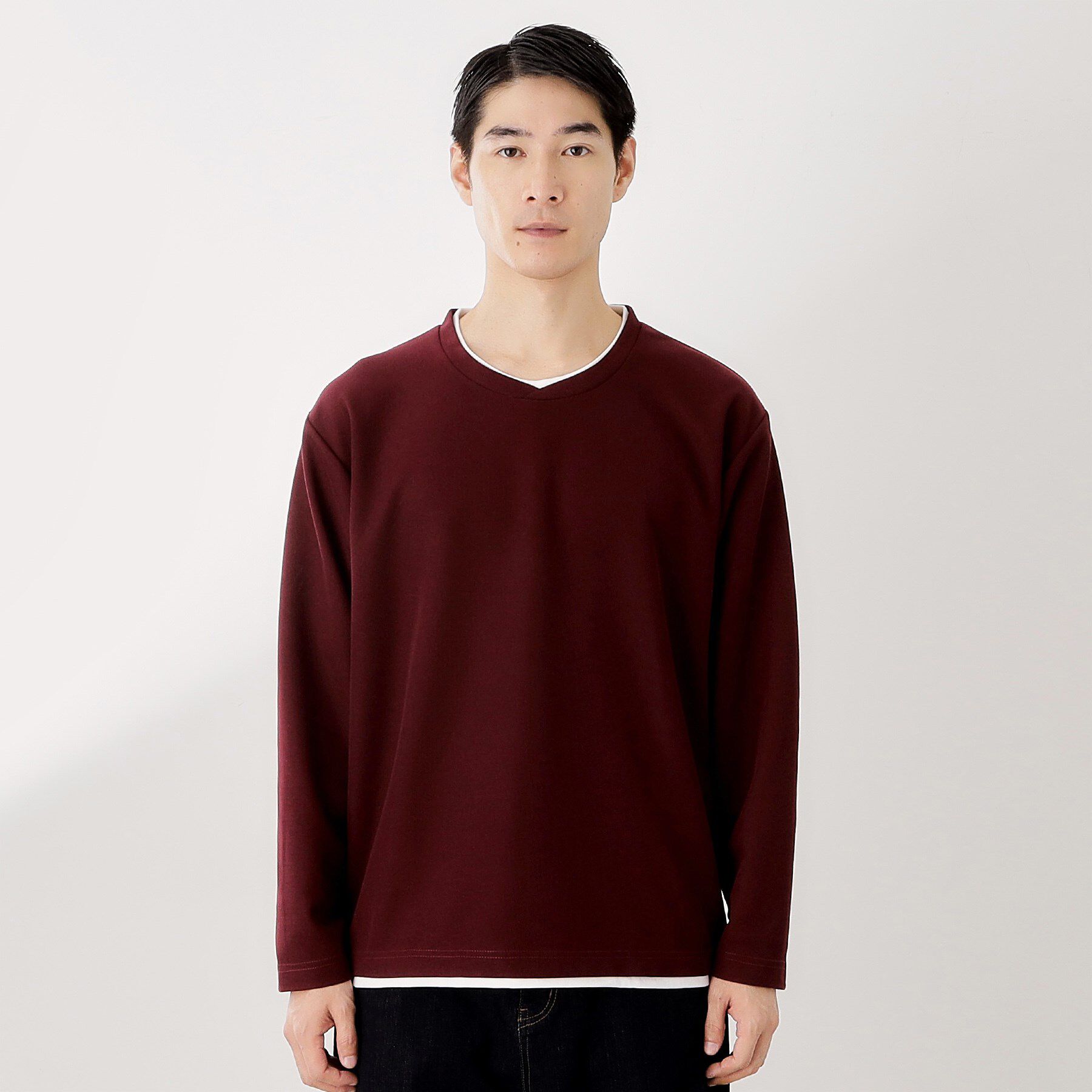 THE SHOP TK「【一枚でコーディネートが完成！】レイヤード風クルーネック長袖Tシャツ　洗濯機OK」|Tシャツ・カットソー|