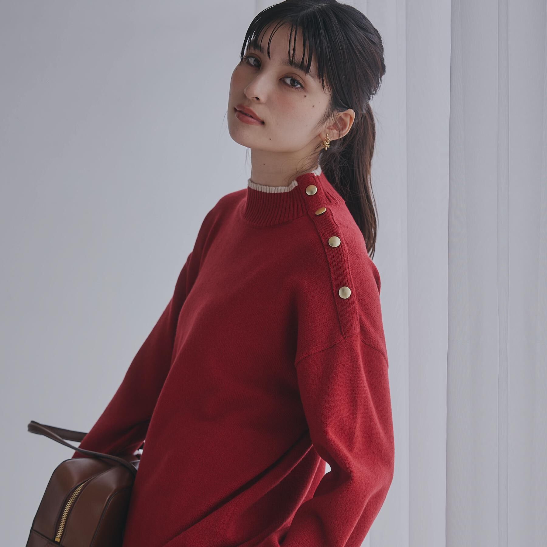 THE SHOP TK「【インしないで着られる】金ボタン ハイネックニット/毛玉になりにくい/静電気防止/洗濯機OK」|ニット・セーター|