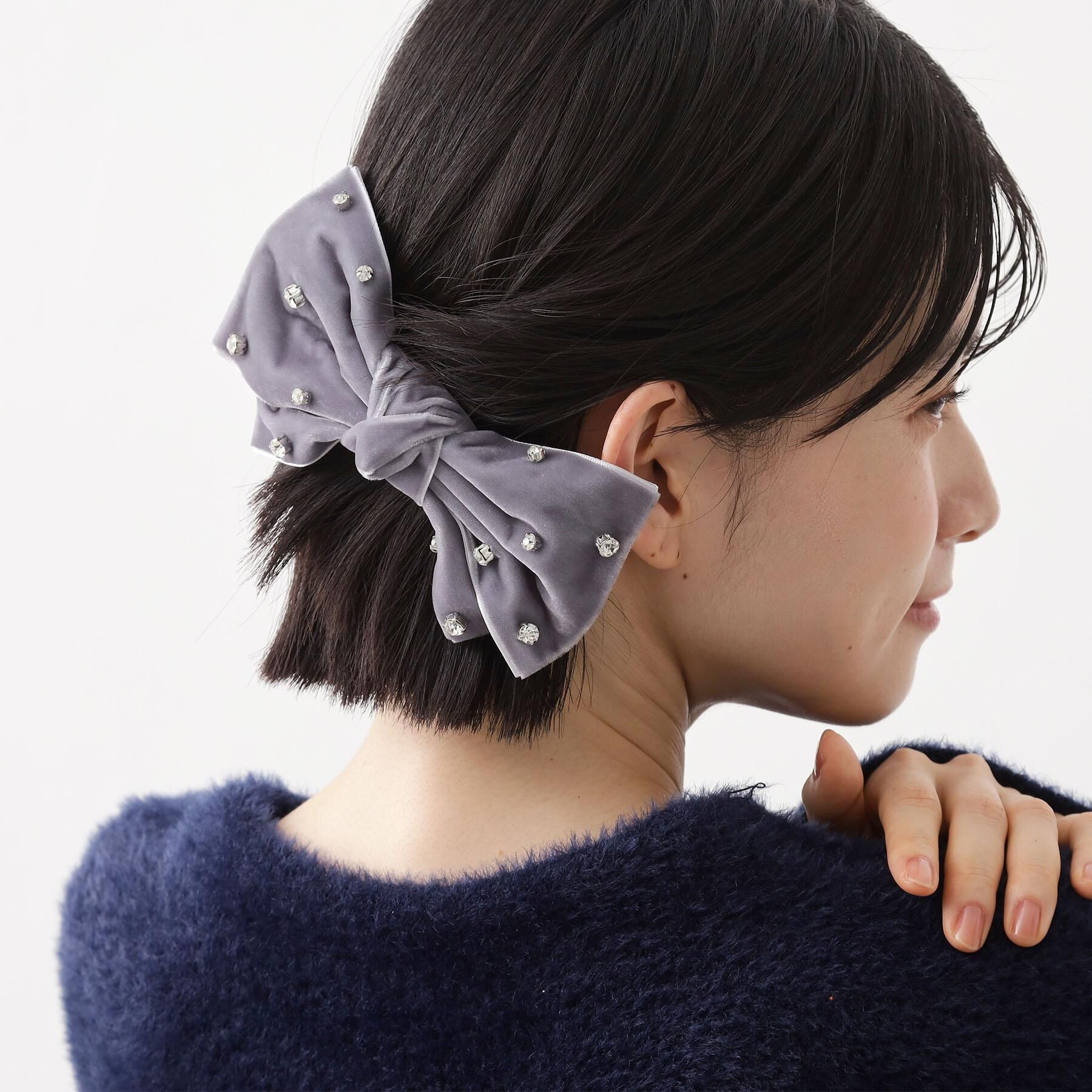 THE SHOP TK「【華やか＆上品】ビジューベロアリボンバレッタ」|その他|グレー(012)
