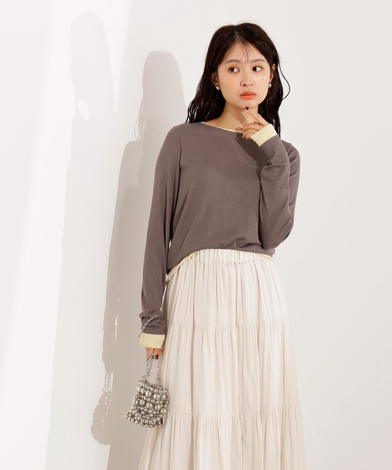  「シアーレイヤードトップス」|Tシャツ・カットソー|グレー&times;イエロ