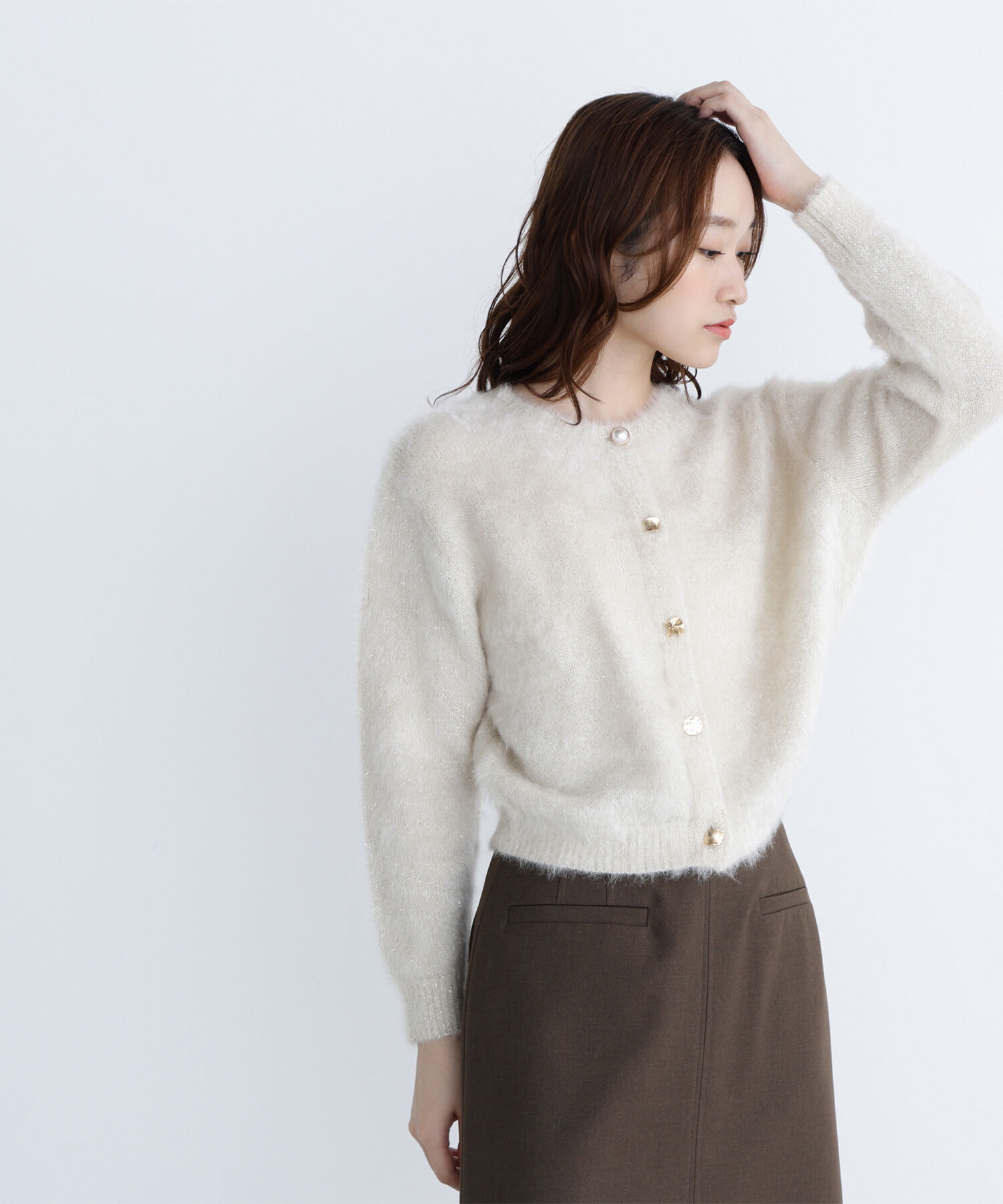  「デザインボタンラメシャギーカーディガン」|ニット・セーター|