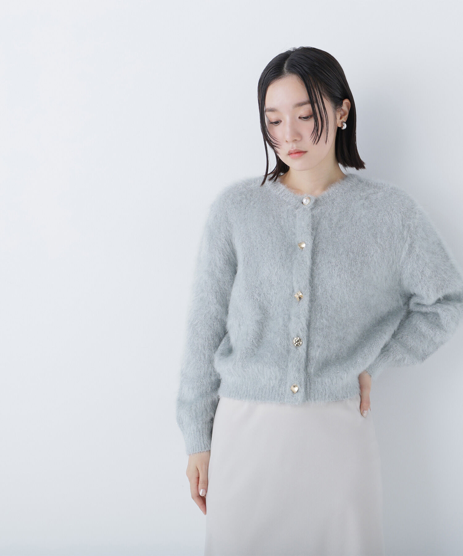  「デザインボタンラメシャギーカーディガン」|ニット・セーター|