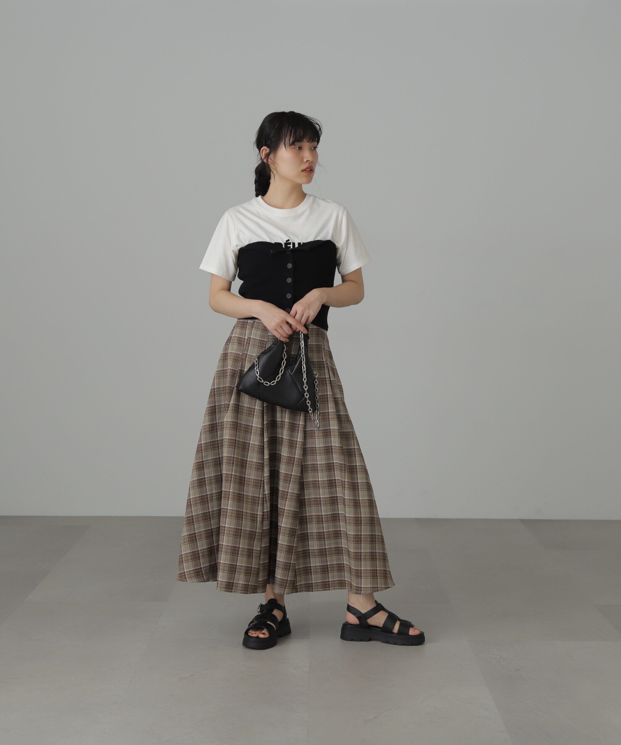  「コルセットチェックフレアスカート」|スカート|
