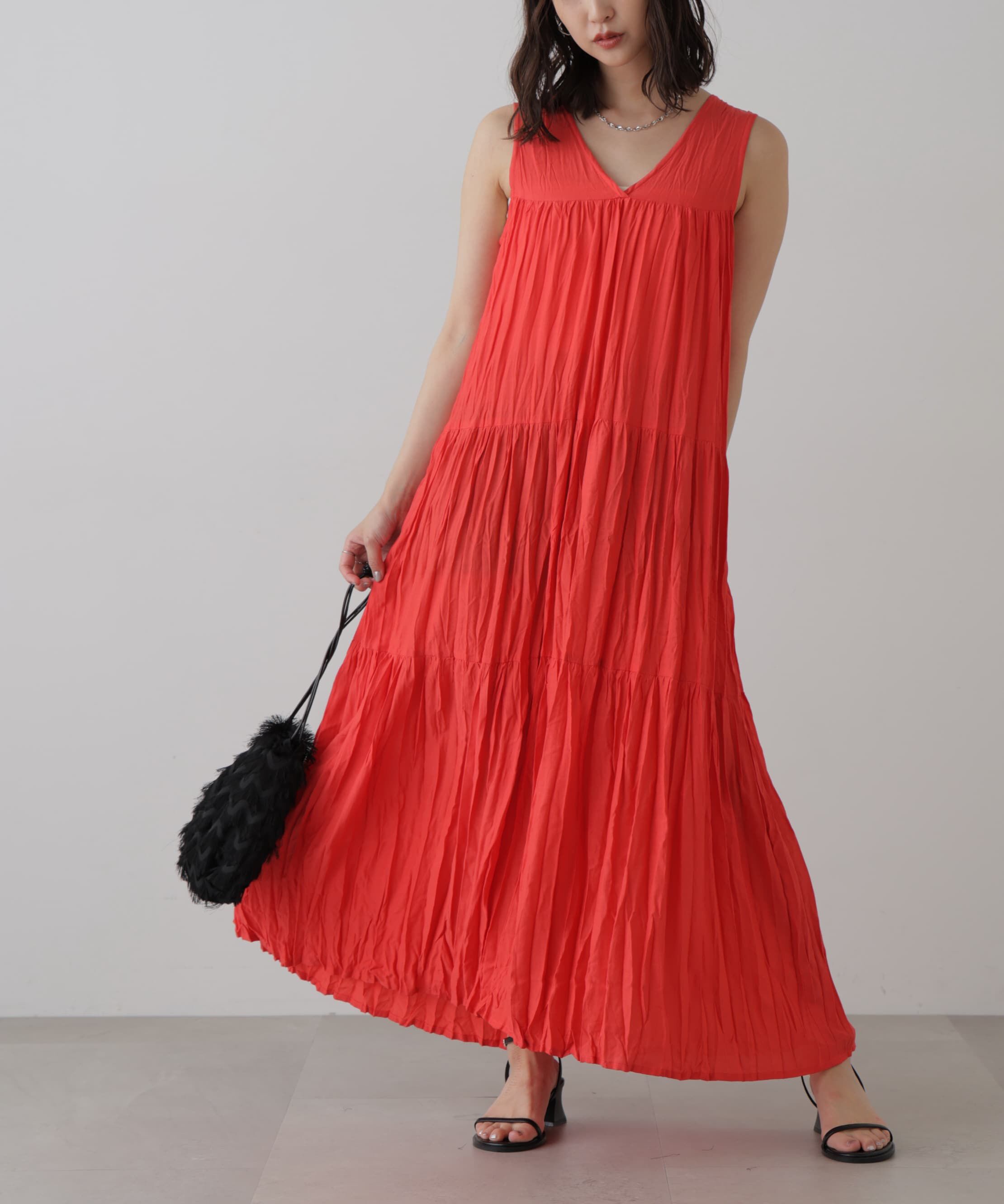  「ワッシャーティアードノースリーブワンピース」|ワンピース|