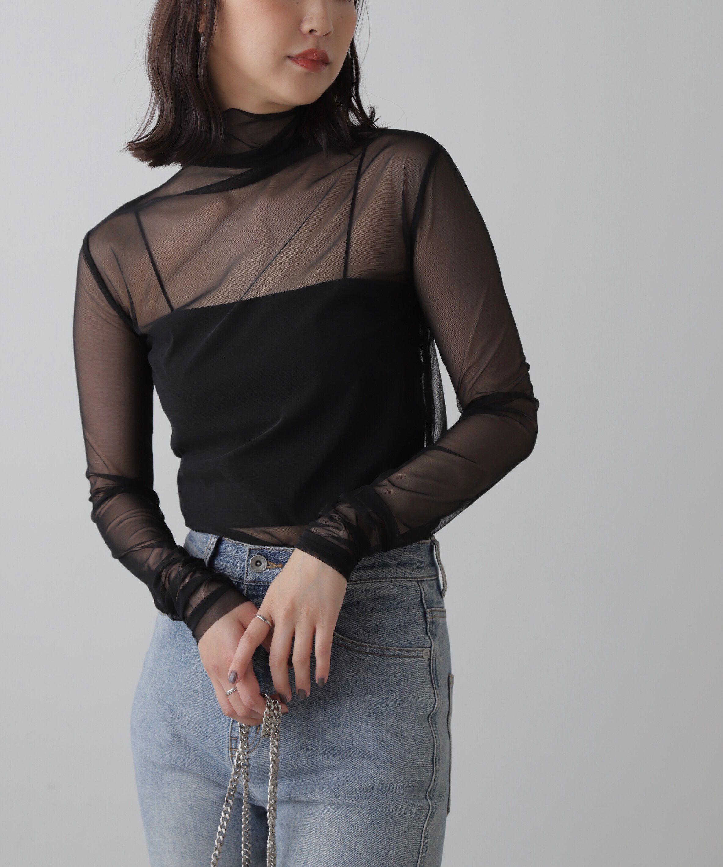  「シースルーハイネックカットソー」|Tシャツ・カットソー|ブラック