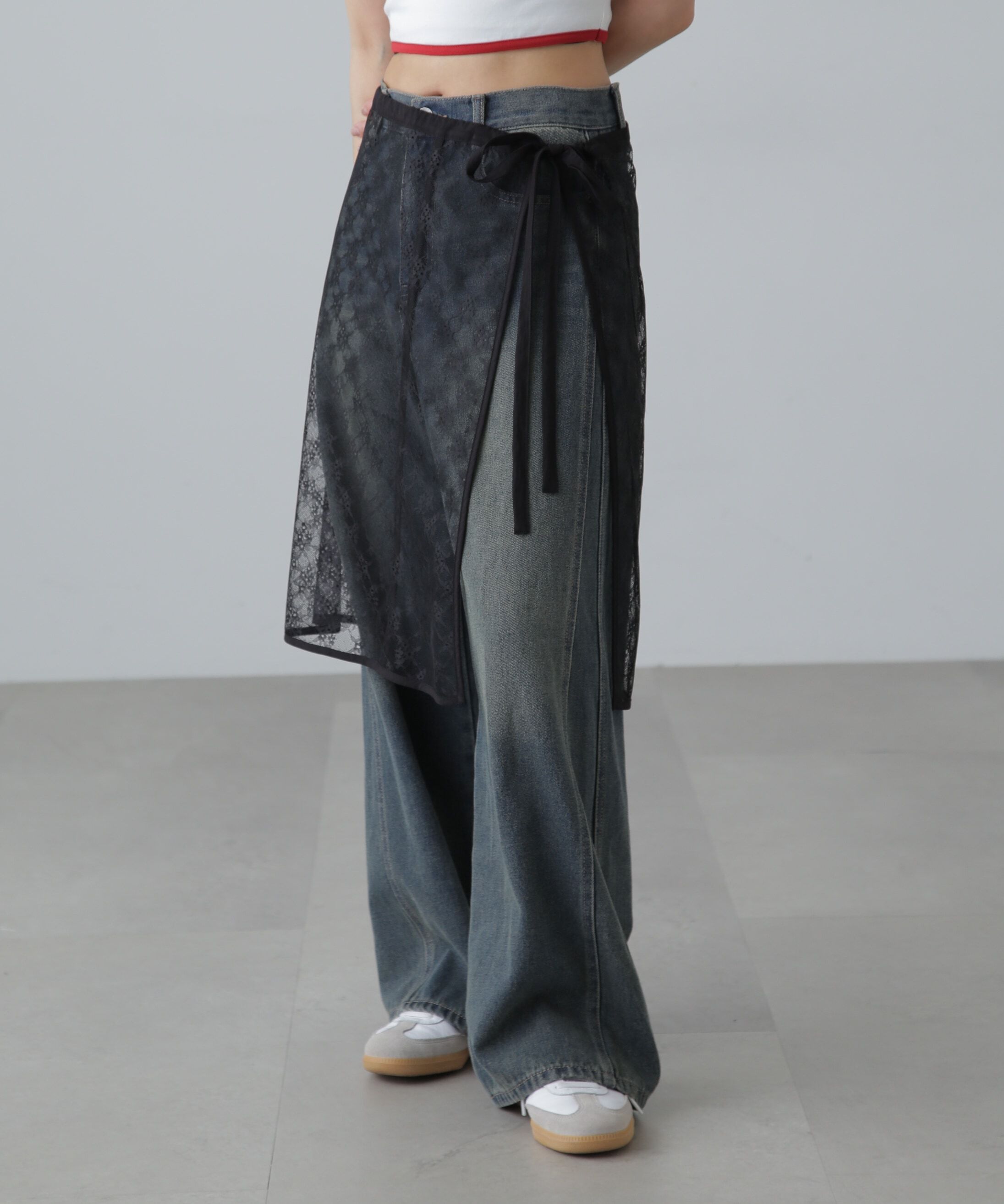  「レースラップレイヤードスカート」|スカート|ブラック