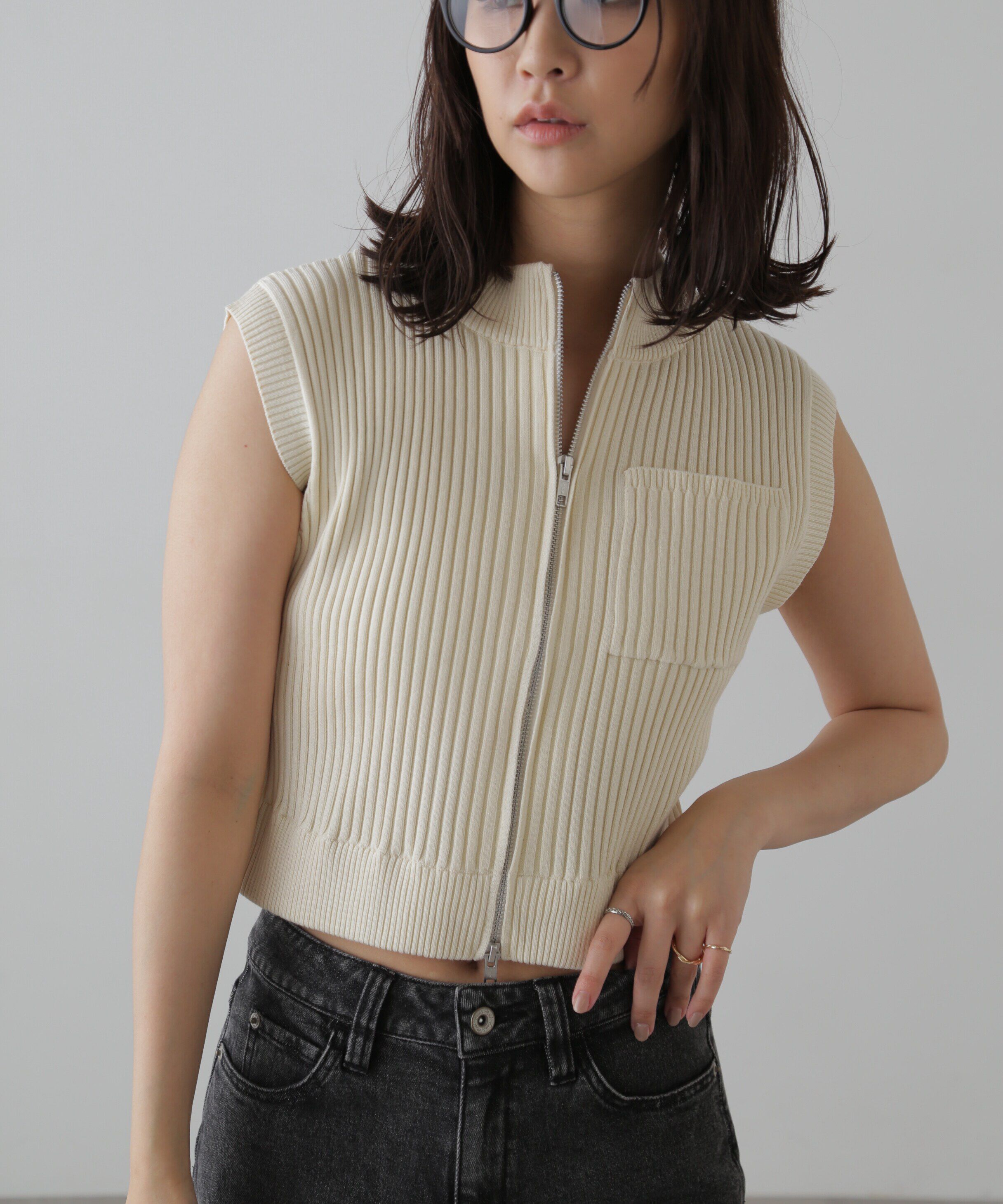  「バイカースタンド配色リブニットベスト」|ニット・セーター|