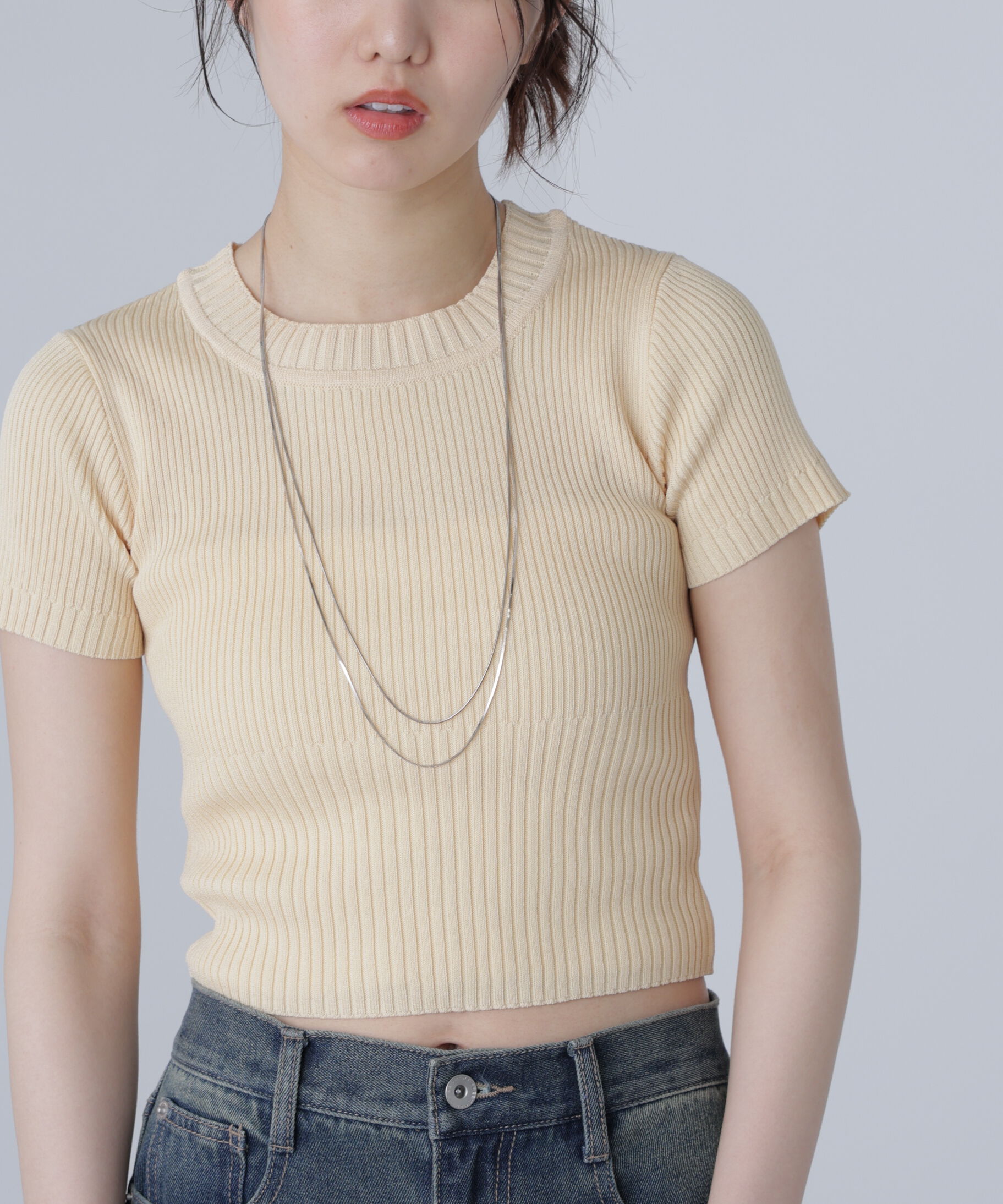  「ショート丈クルーネックリブニット」|ニット・セーター|