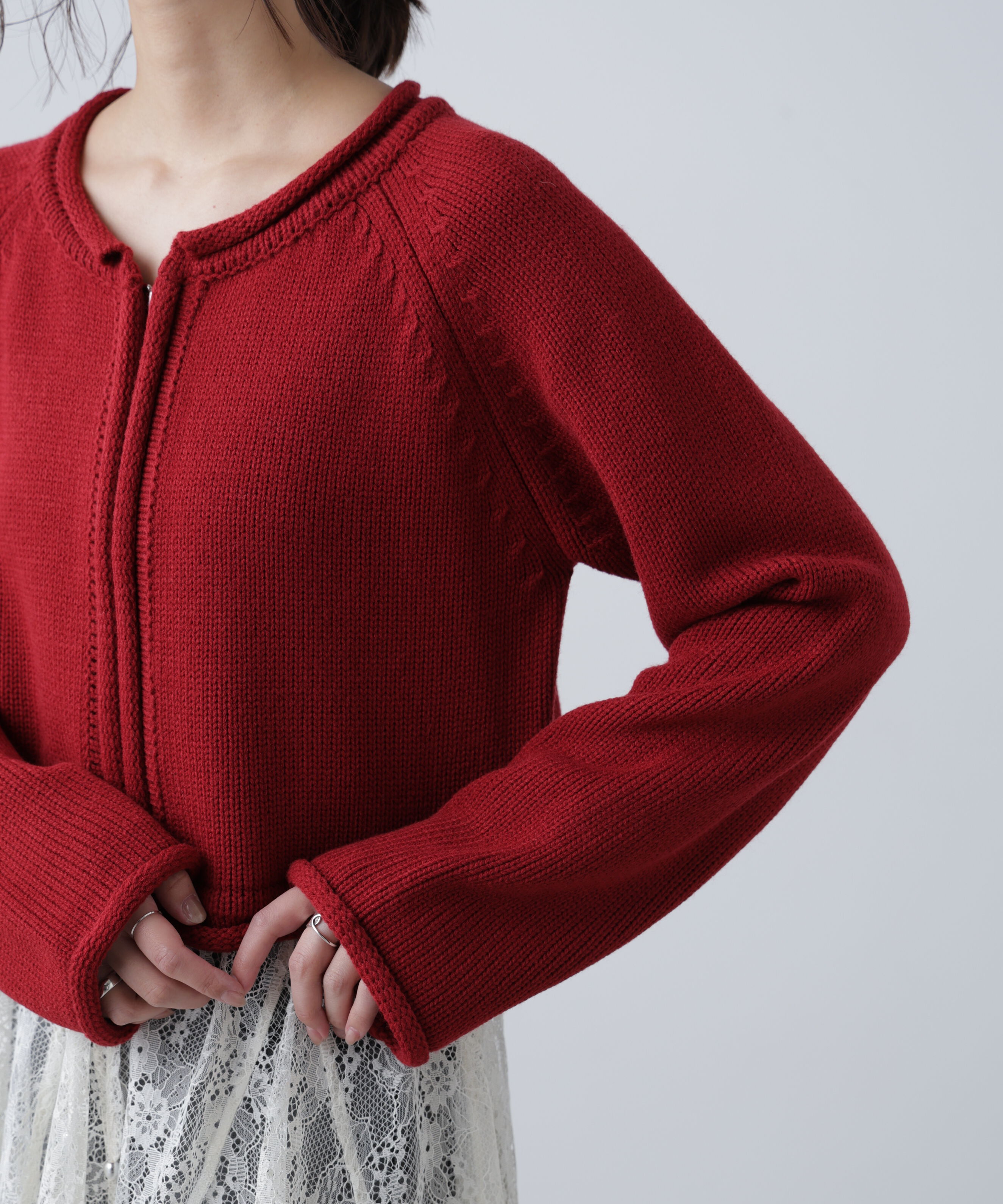  「ロールアップ短丈ジップカーディガン」|ニット・セーター|