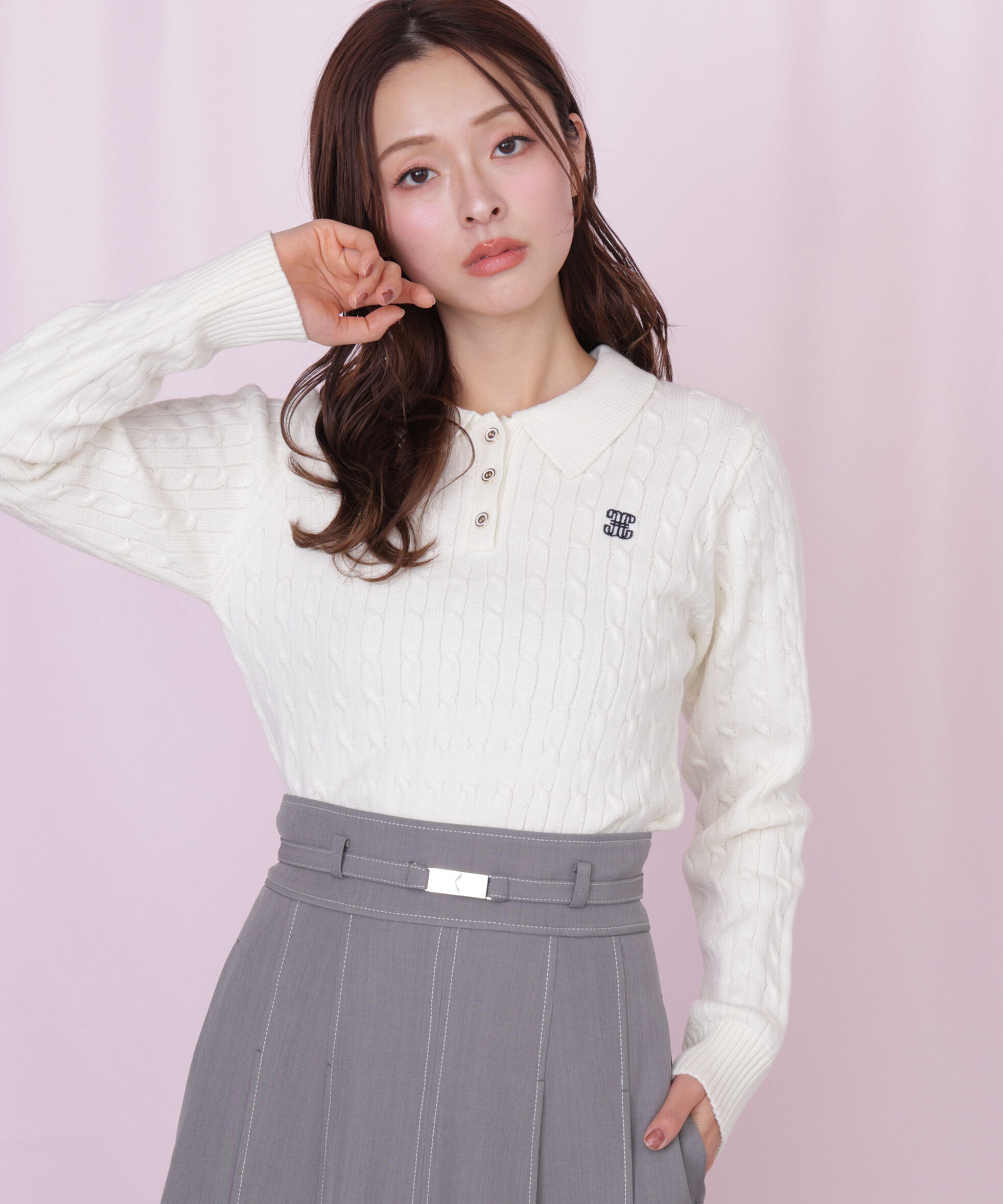  「ポロ衿コットンブレンドケーブルニット」|ニット・セーター|