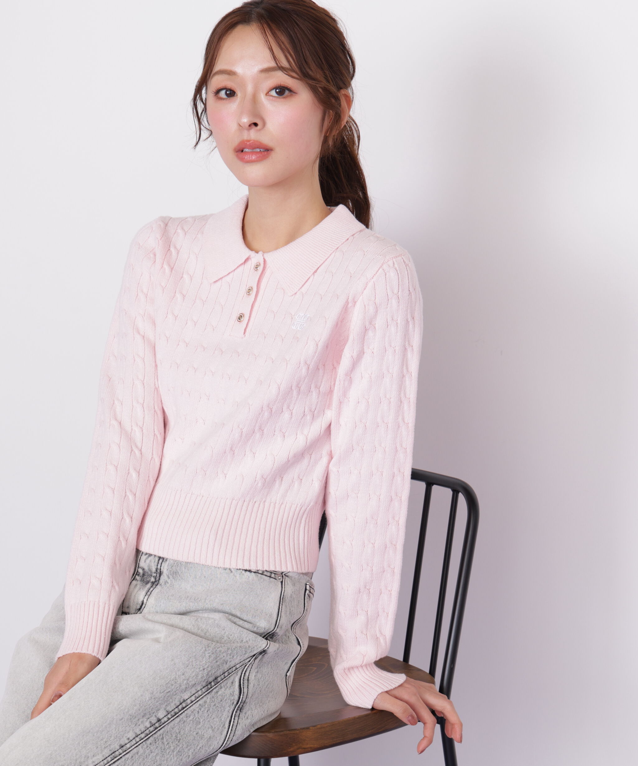  「ポロ衿コットンブレンドケーブルニット」|ニット・セーター|