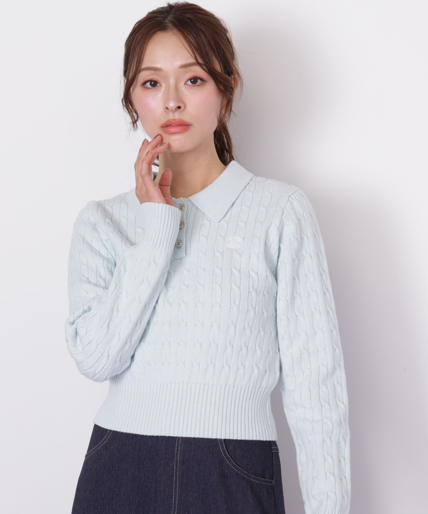  「ポロ衿コットンブレンドケーブルニット」|ニット・セーター|