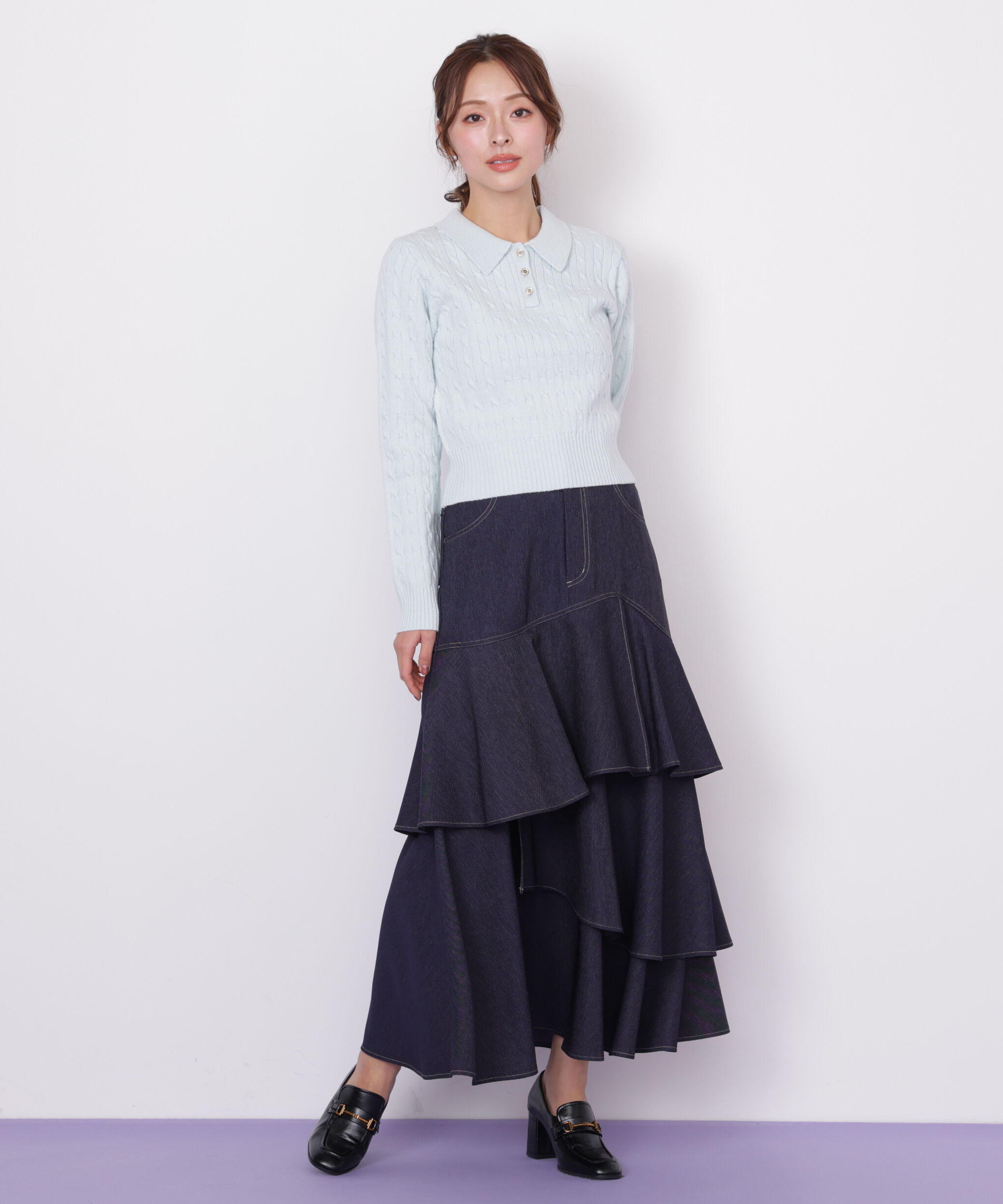  「ポロ衿コットンブレンドケーブルニット」|ニット・セーター|