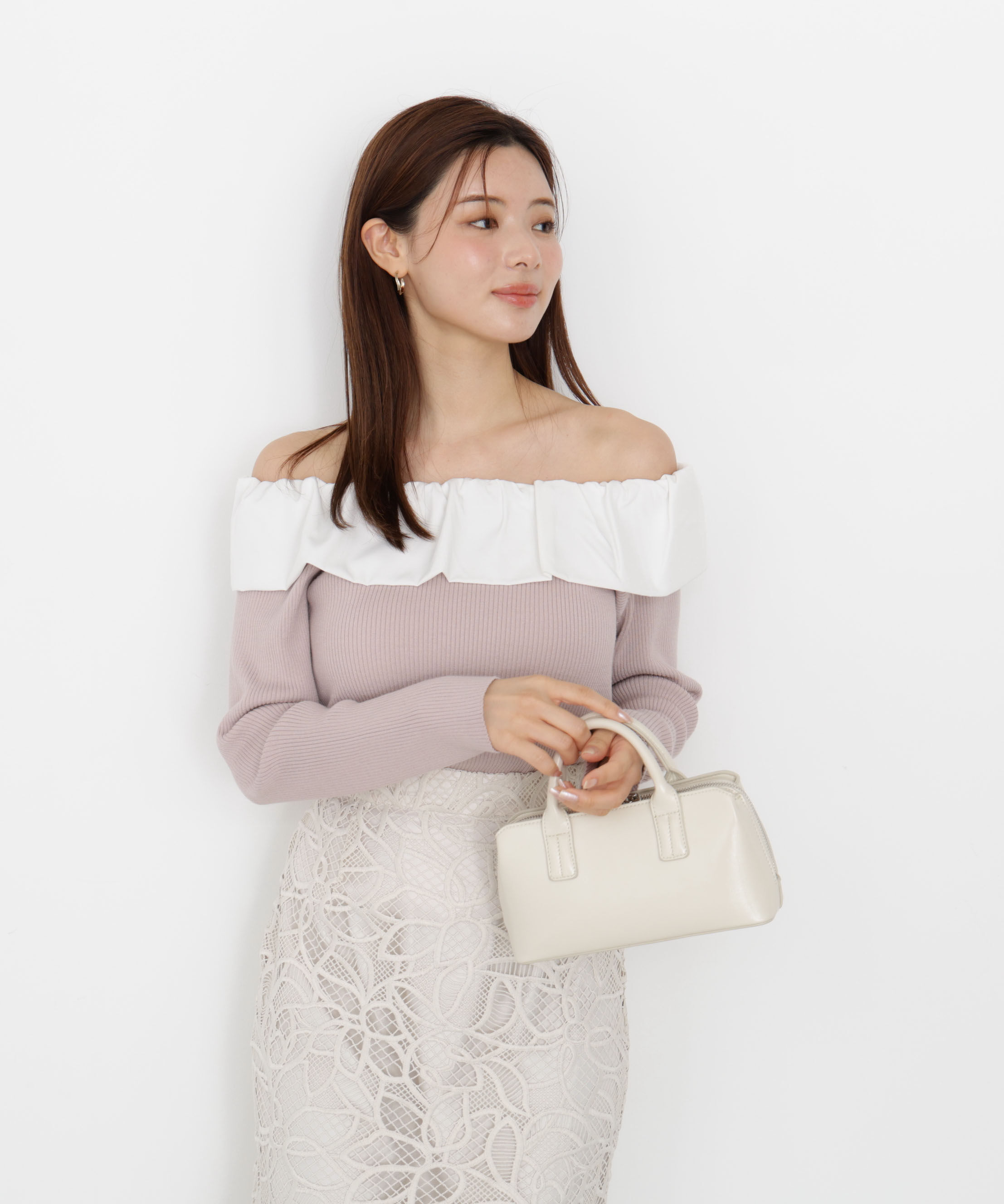 PROPORTION BODY DRESSING「フリルオフショル2wayニット 25AW」|ニット・セーター|ピンク&times;ホワイ