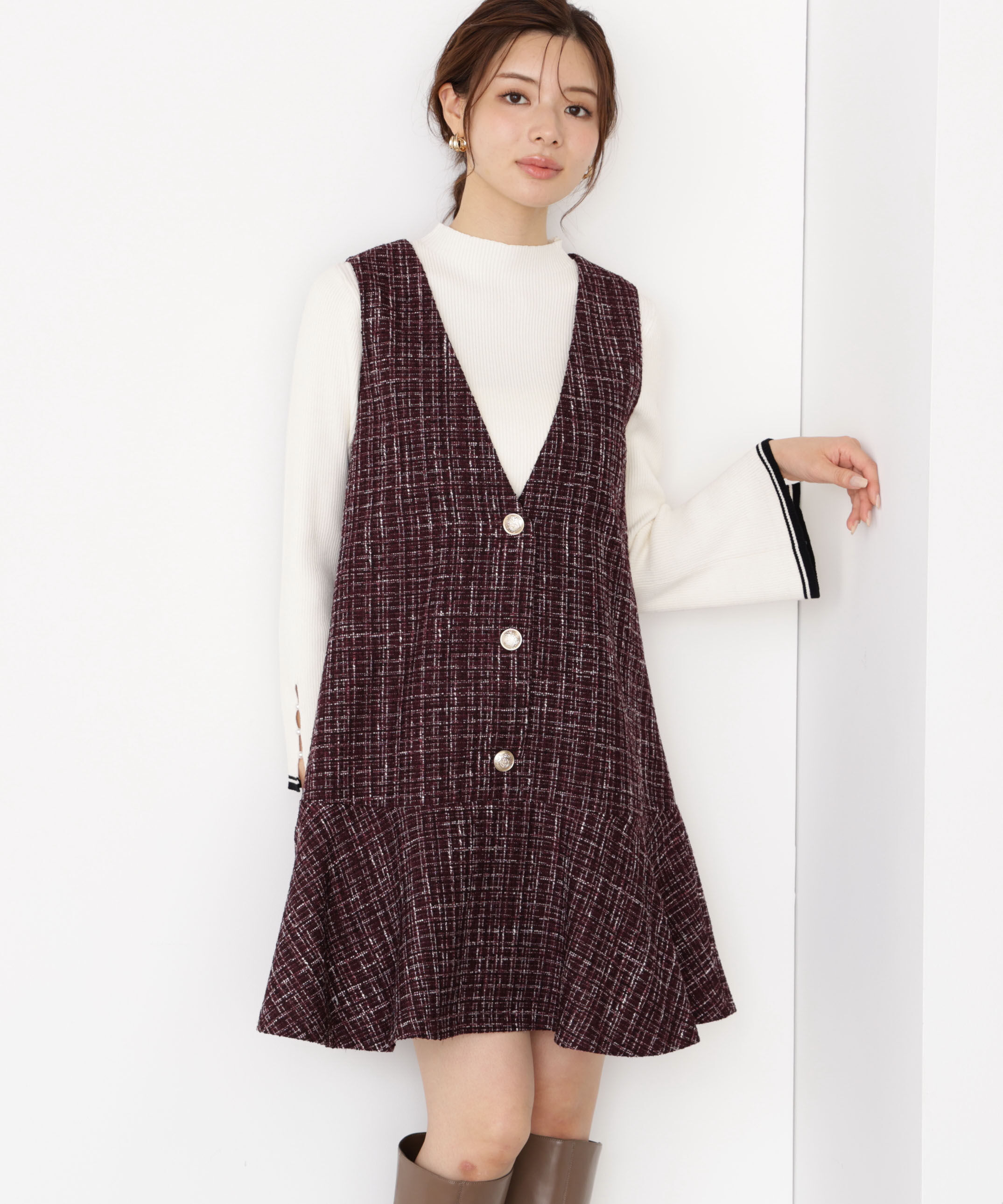 PROPORTION BODY DRESSING「ラメ釦ツイードミニジャンスカ 25AW」|ワンピース|ボルドー