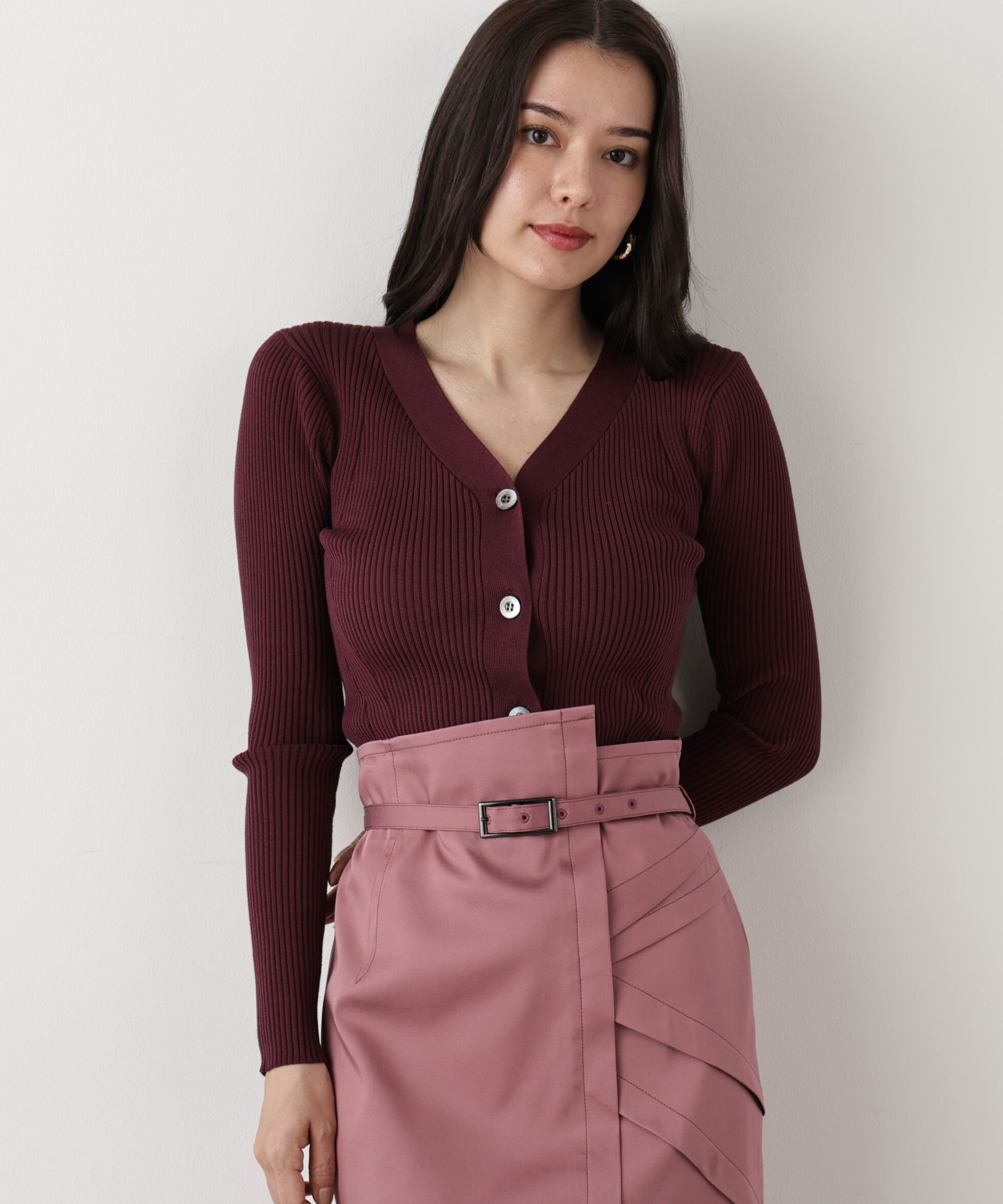  「◆リブニットVネックカーディガン」|その他|ワイン