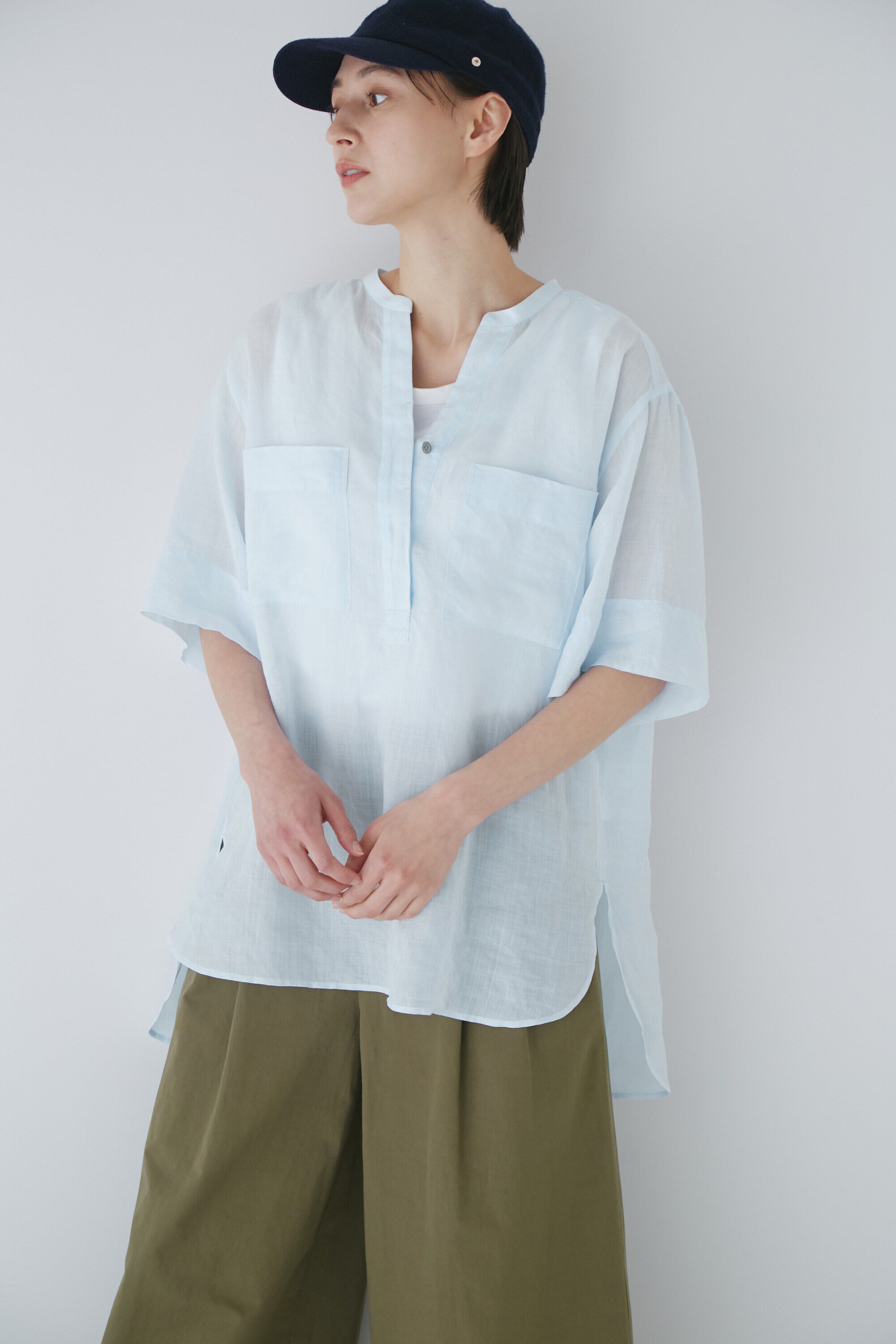  「◆１６０／１ラミー半袖ブラウス」|シャツ・ブラウス|ライトブルー