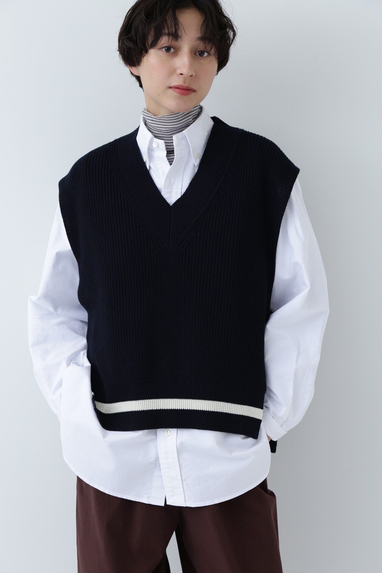  「◆ライン入りコットン片畦ニットベスト」|ニット・セーター|ネイビー&times;グレ