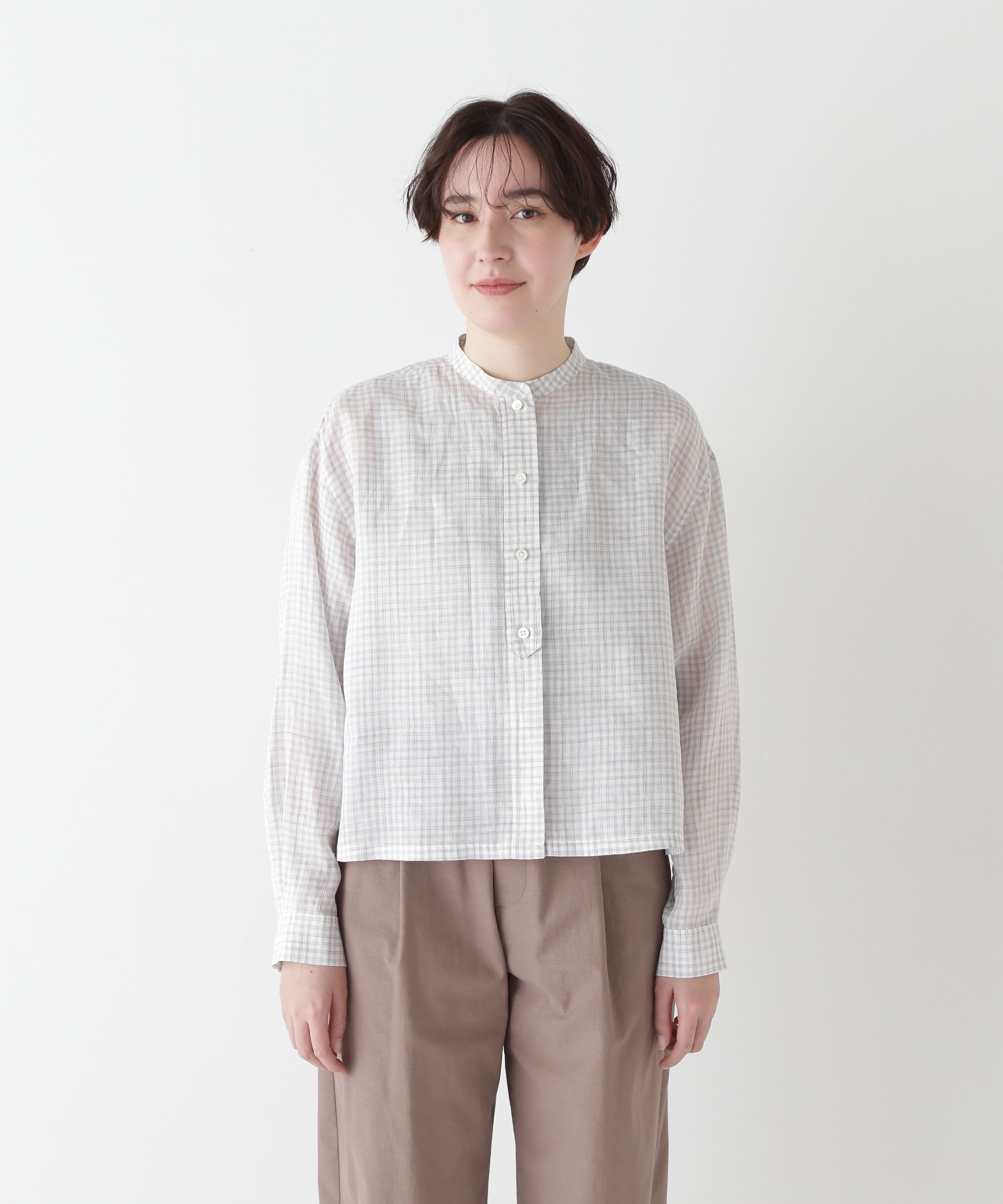  「◆ラミーバンドカラーギンガムシャツブラウス」|シャツ・ブラウス|