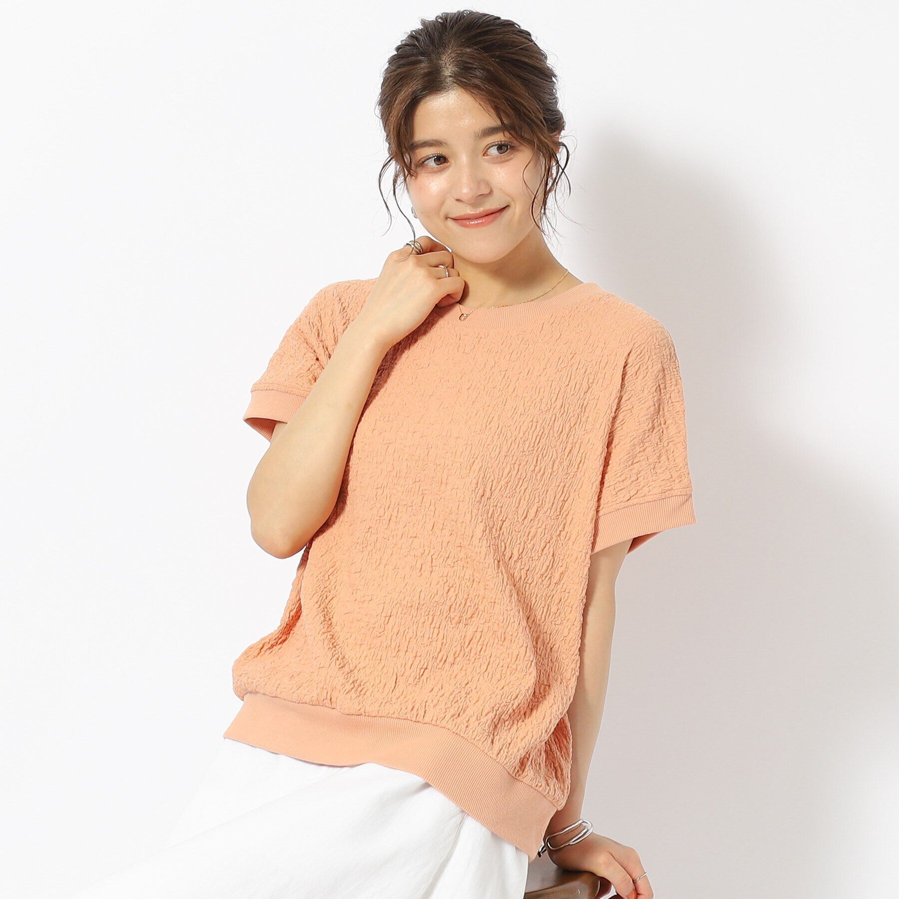 SHOO･LA･RUE「ポコポコリブ切り替えトップス」|Tシャツ・カットソー|オレンジ(065)