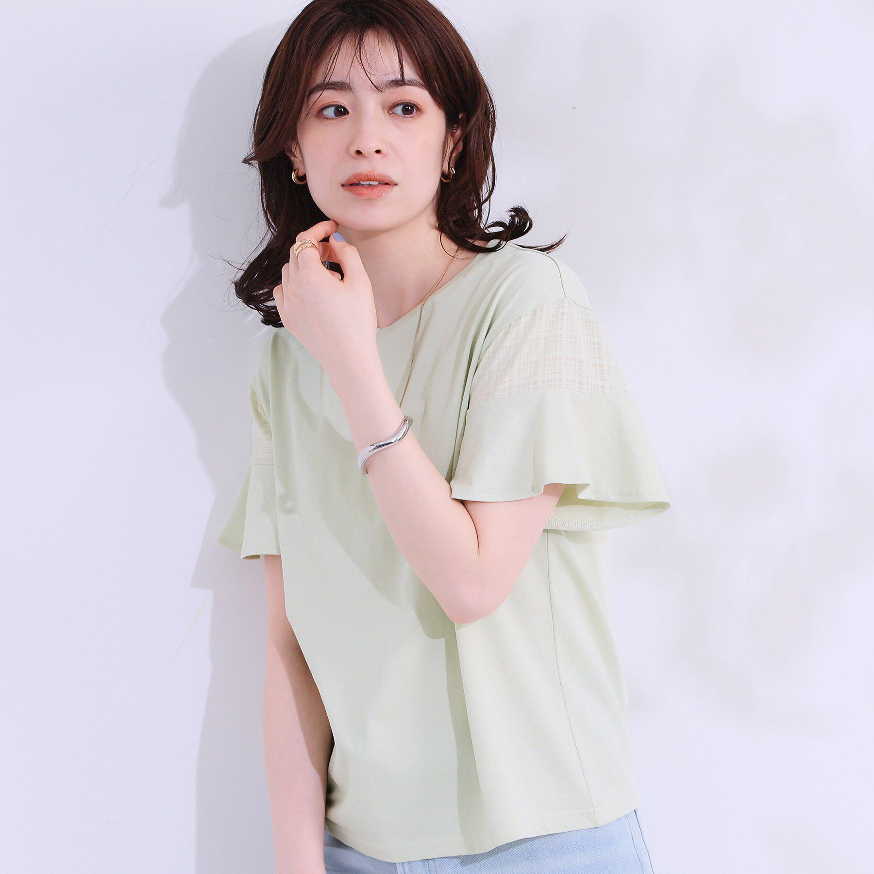 SHOO･LA･RUE「【ひんやり/プチプラ】女性らしさ溢れる お袖シアーフリルトップス」|Tシャツ・カットソー|ミントグリーン(02