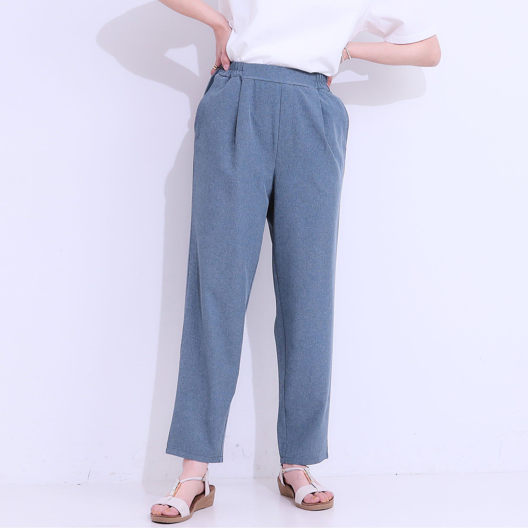 SHOO･LA･RUE「【SS-3L/ひんやり/吸水速乾/UV】軽量でさらりと穿ける テーパードパンツ」|その他|ブルー(093)