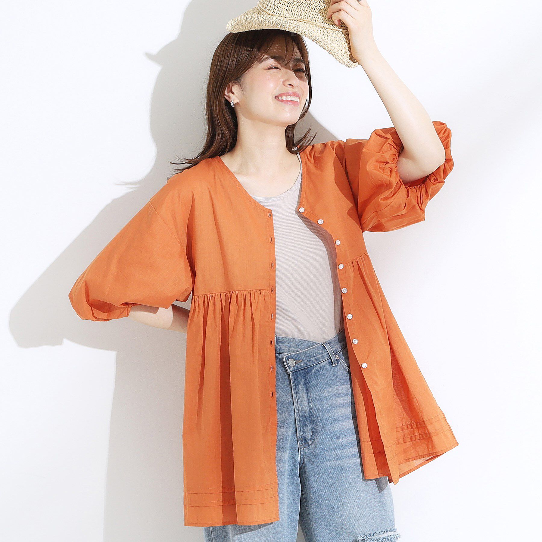 SHOO･LA･RUE「【S-LL】一枚で着映え バルーンスリーブブラウス」|シャツ・ブラウス|オレンジ(067)