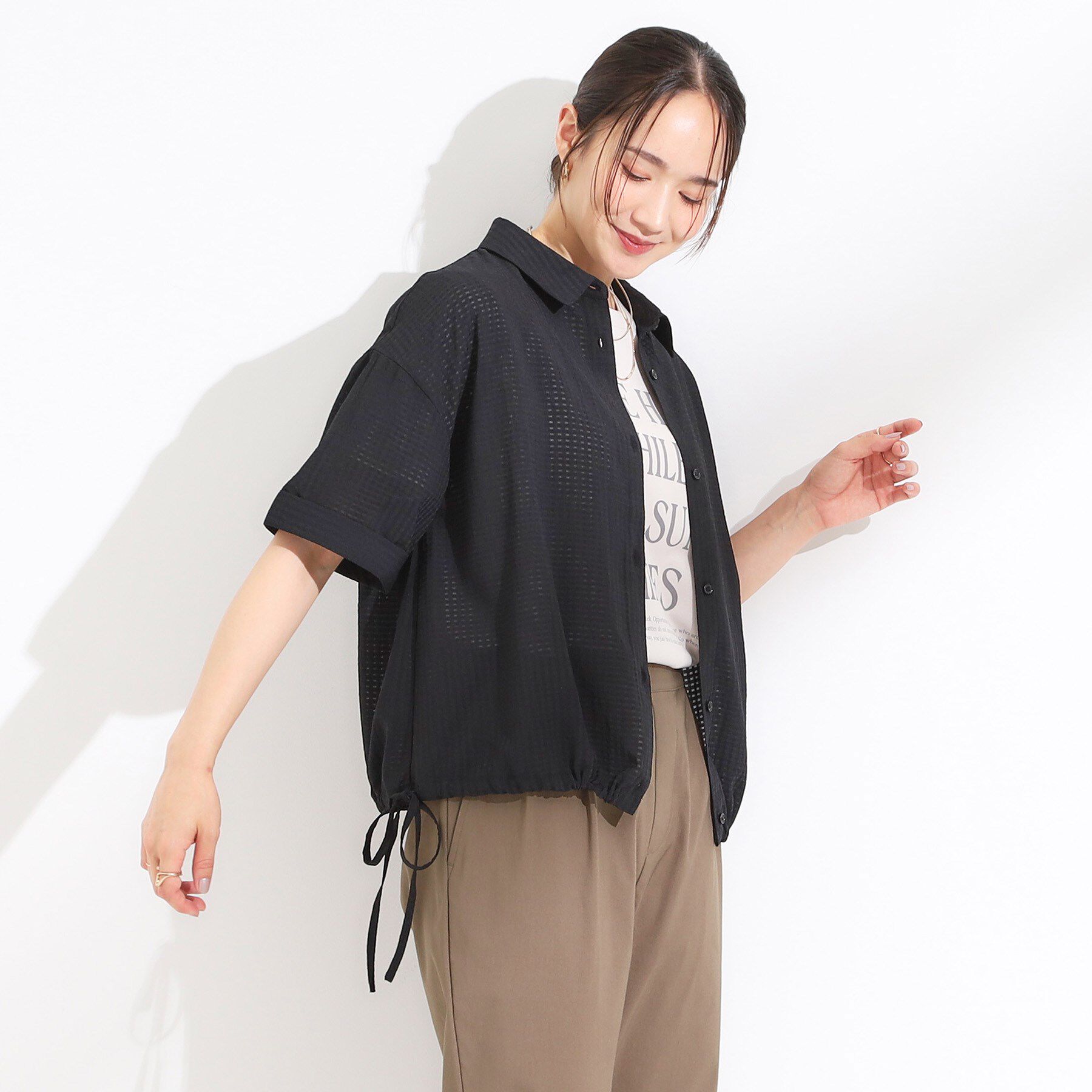 SHOO･LA･RUE「シルエット変化を楽しめる シアーチェックドロストシャツ」|シャツ・ブラウス|