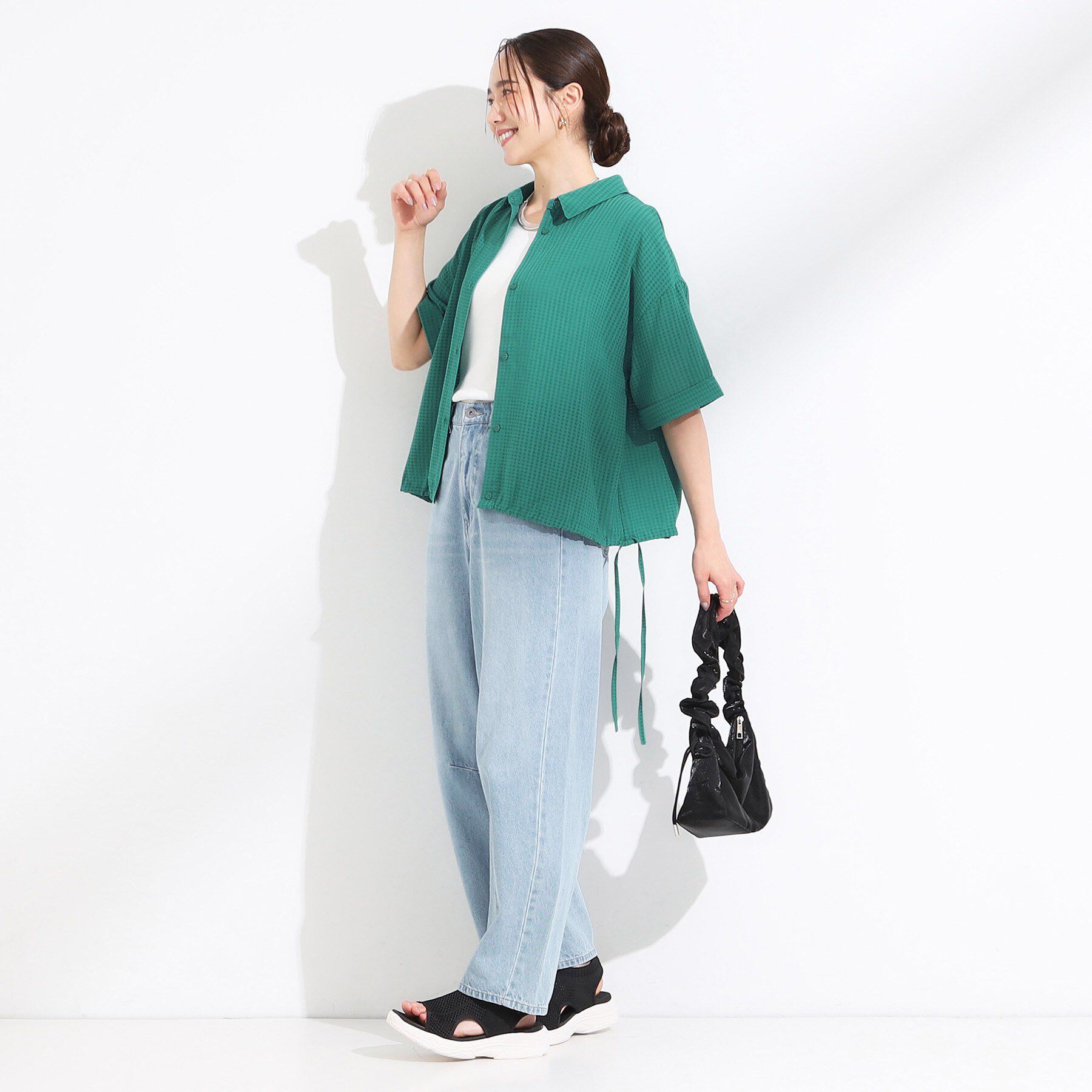 SHOO･LA･RUE「シルエット変化を楽しめる シアーチェックドロストシャツ」|シャツ・ブラウス|