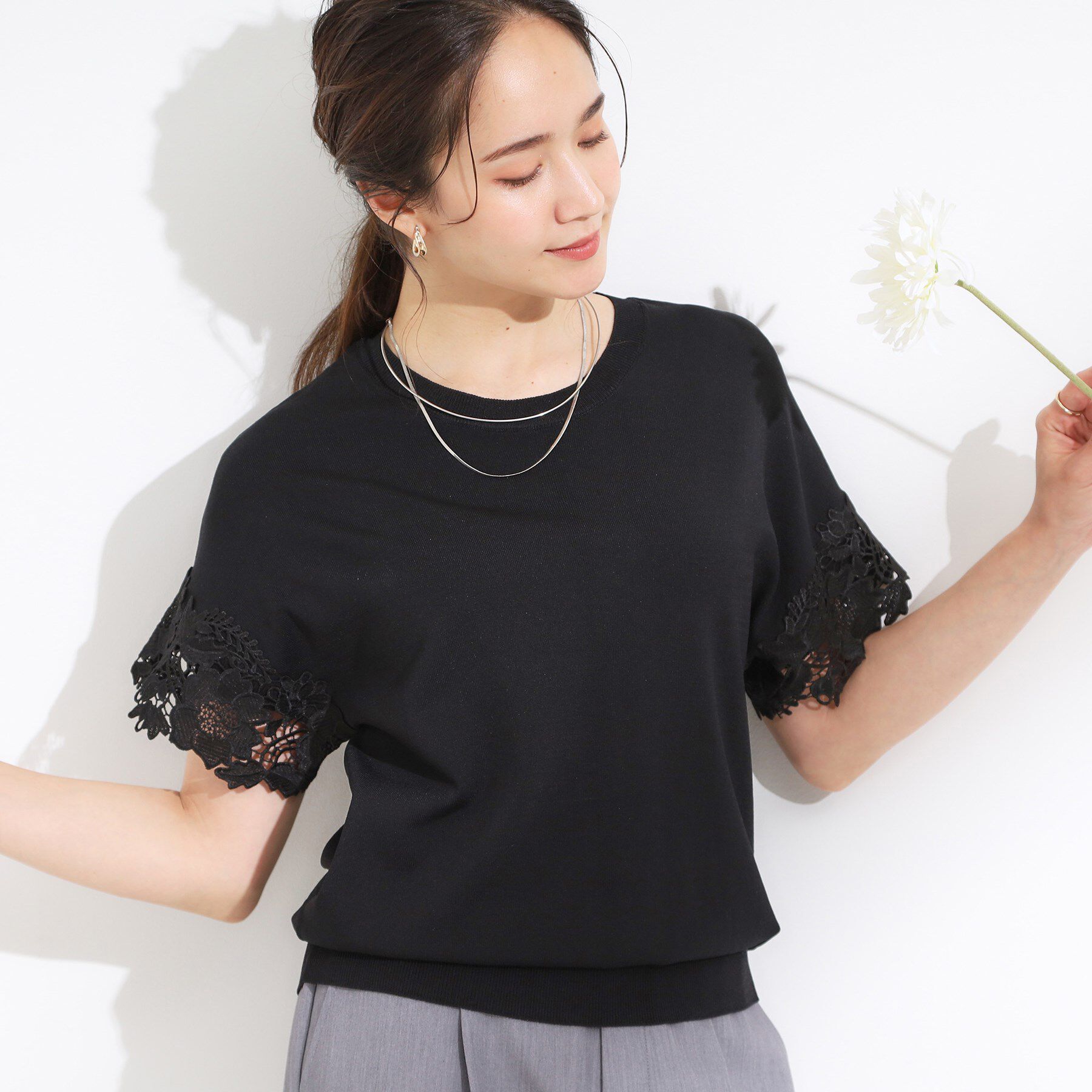 SHOO･LA･RUE「【S-LL/ひんやり/UV/】大人上品な お袖レースニット」|ニット・セーター|ブラック(019)