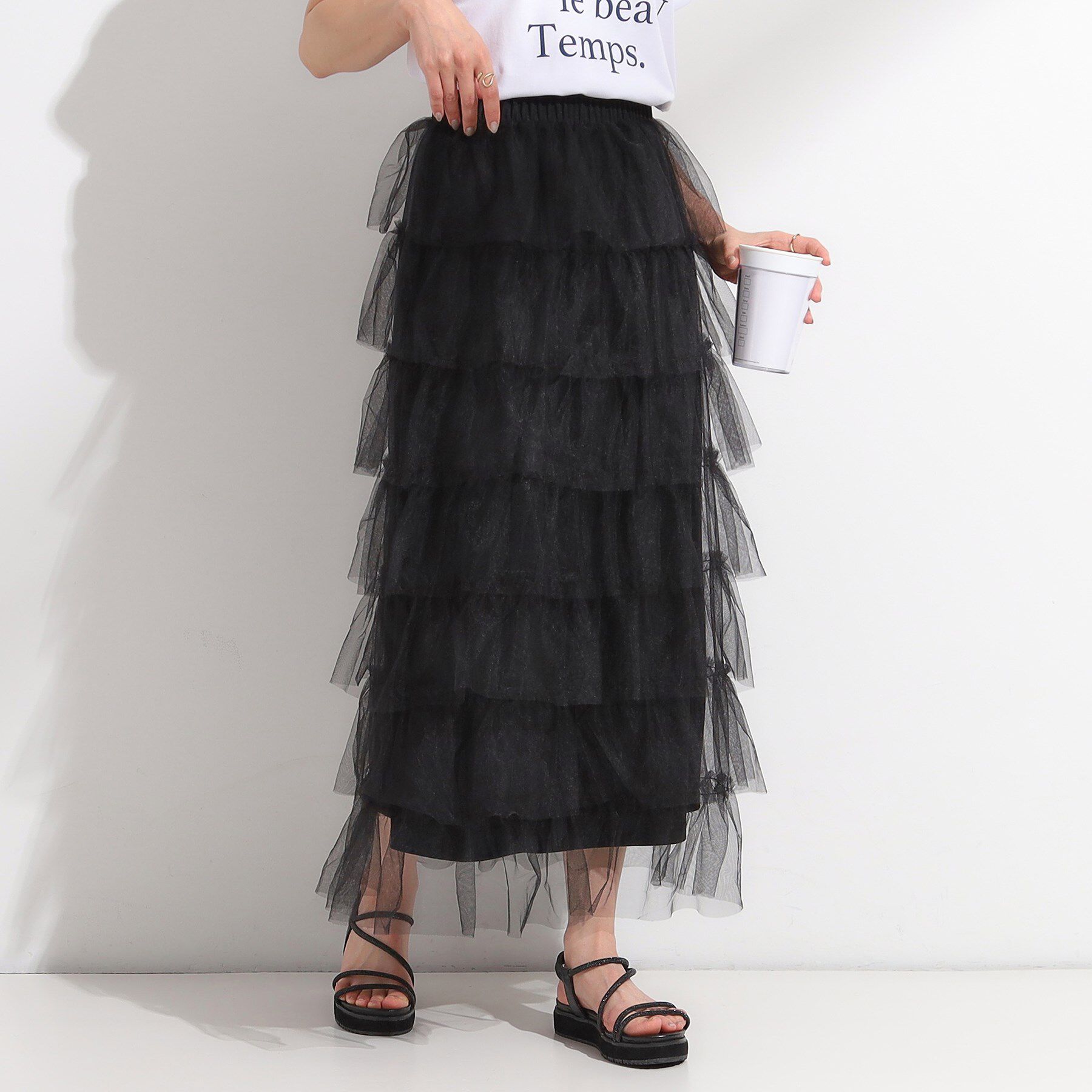 SHOO･LA･RUE「【2点セット/S-LL】コーデの主役になる チュールティアードスカート」|スカート|ブラック(019)