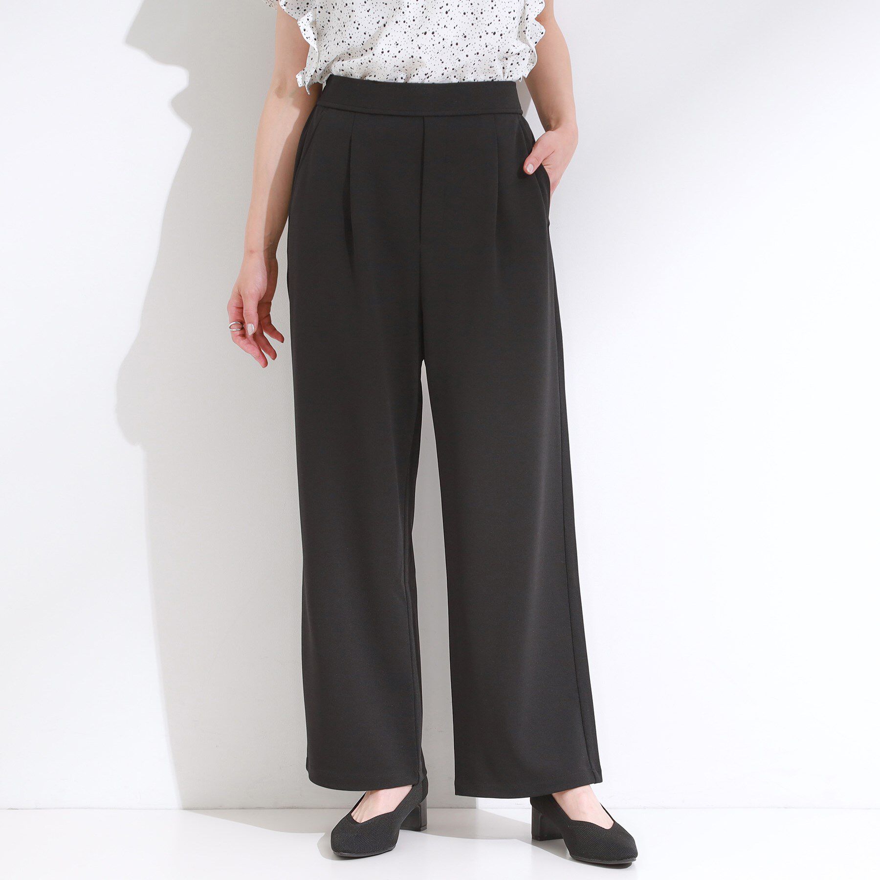 SHOO･LA･RUE「【S-LL/ストレッチ】脚のラインを拾いにくい スマートワイドパンツ」|その他|ブラック(019)