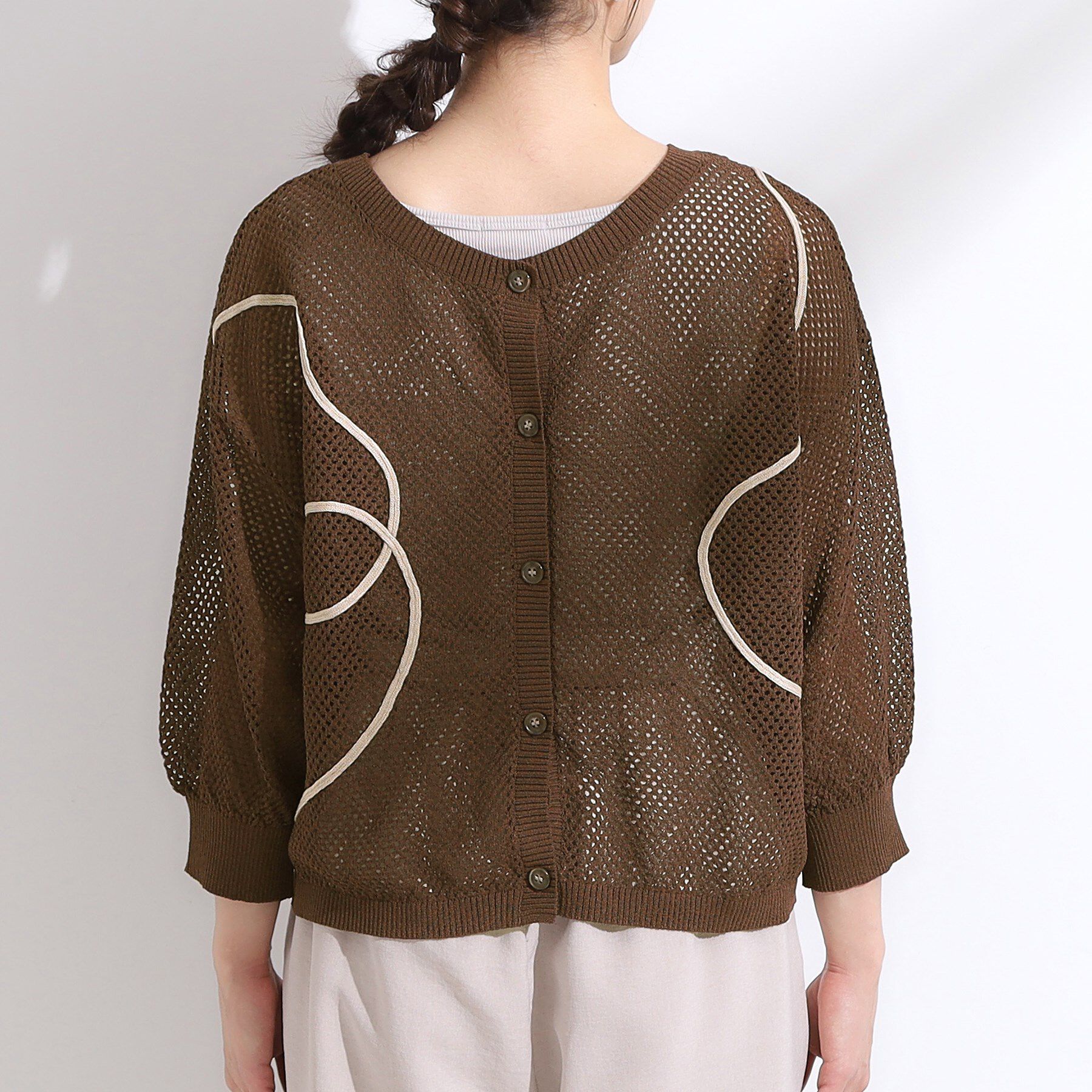 SHOO･LA･RUE「【前後2WAY/S-LL】にょろにょろ刺繍メッシュカーディガン」|カーディガン|