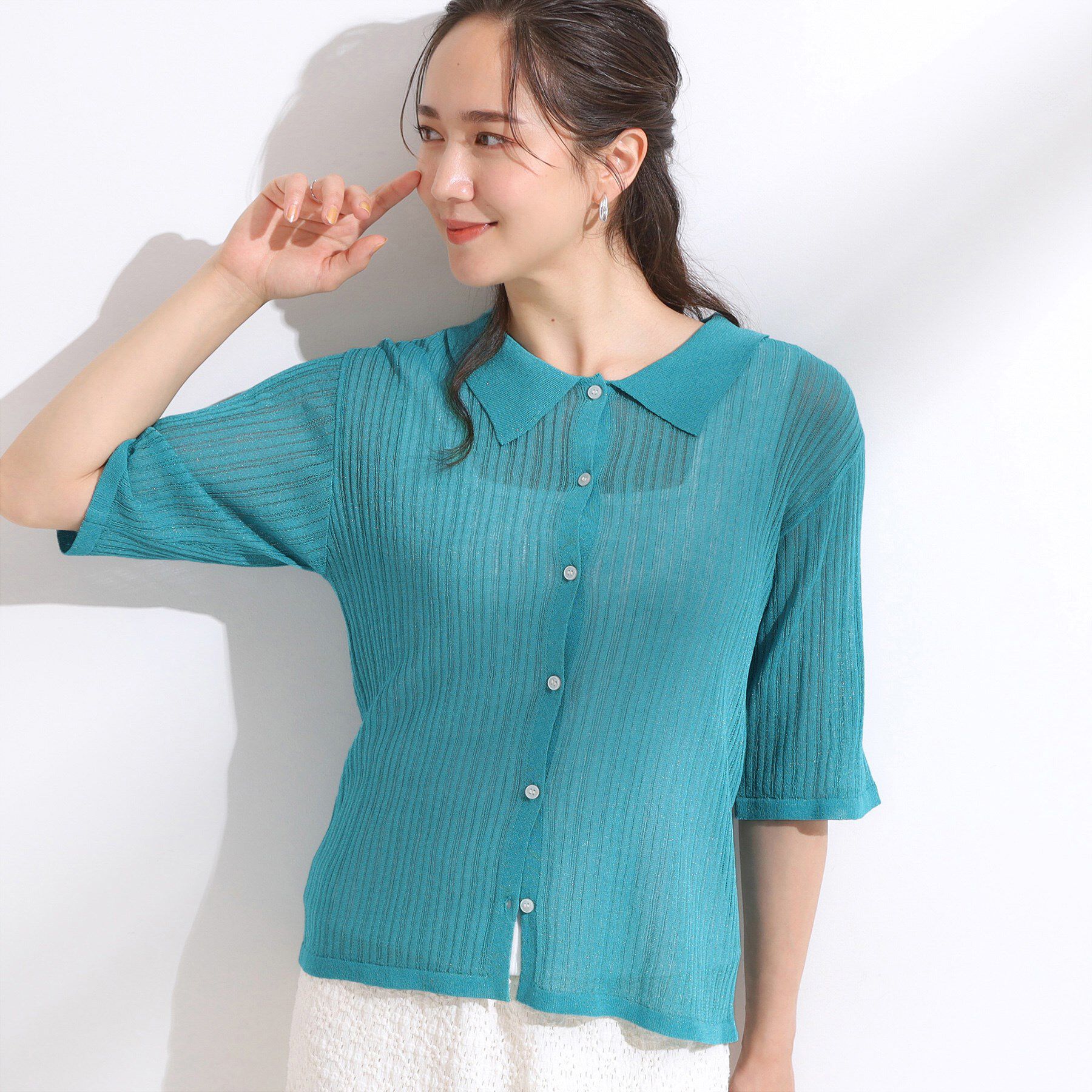 SHOO･LA･RUE「【洗える/S-LL】大人のシアー感 キラキラ リブニット」|ニット・セーター|ブルー(092)