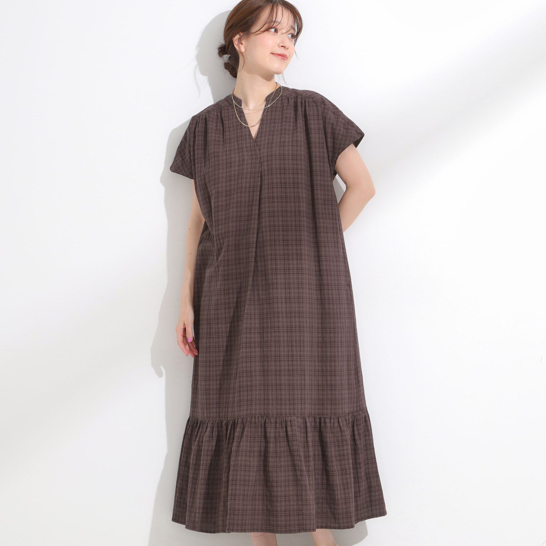 SHOO･LA･RUE「【S-LL】大人のチェック柄 ティアードワンピース」|ワンピース|ブラウン(043)