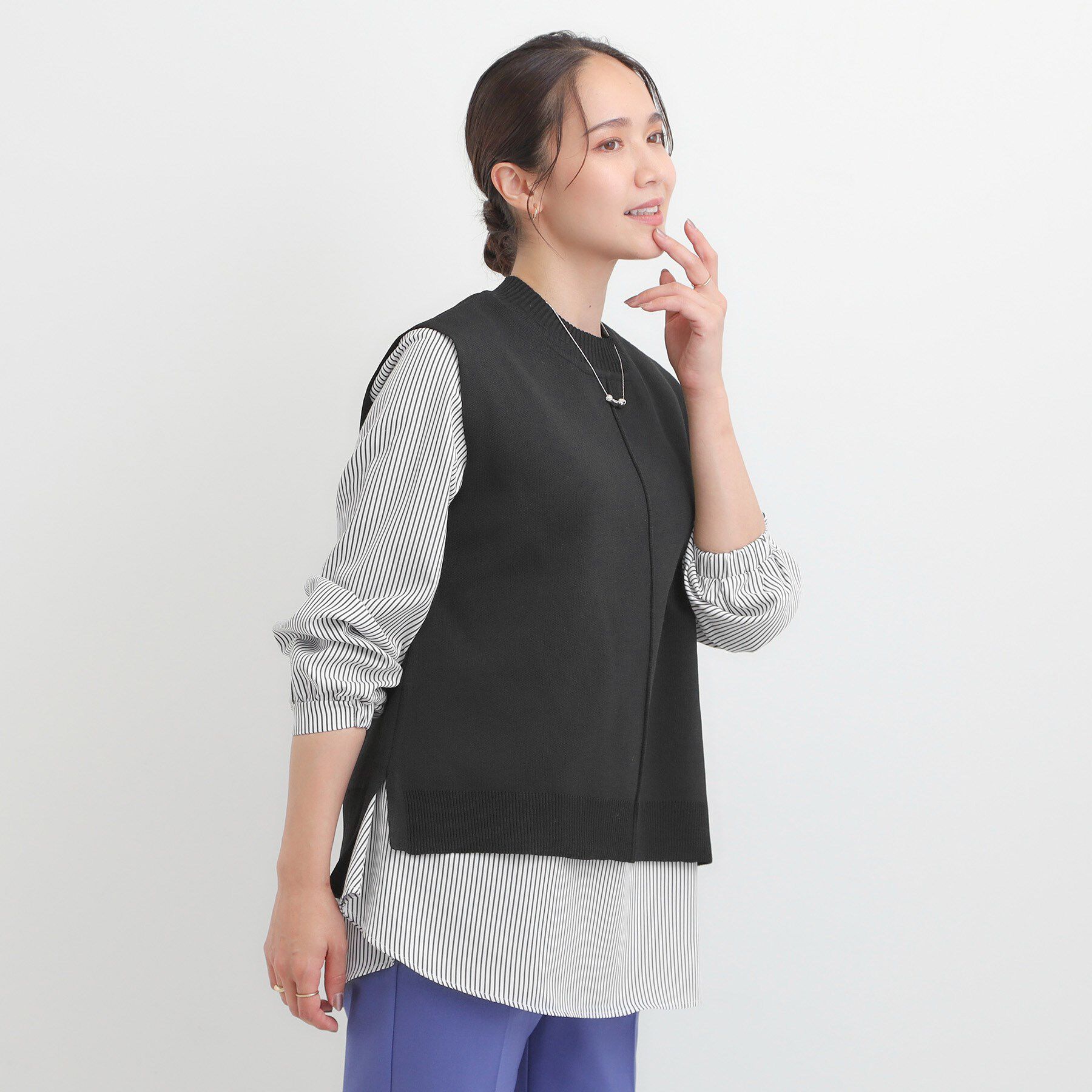 SHOO･LA･RUE「【S-LL/2点セット】着回し自在 ニットベスト＋フレアブラウス」|ニット・セーター|