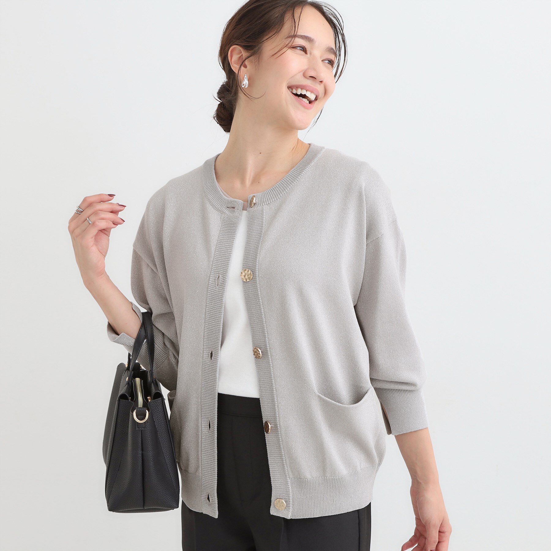 SHOO･LA･RUE「【洗える/S-LL/アンサンブル可】大人フェミニン さらっとタッチのニットカーディガン」|カーディガン|グレー(012)