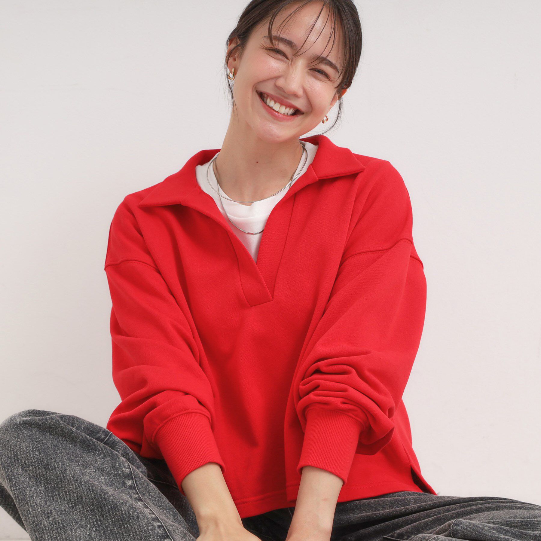 SHOO･LA･RUE「【なめらかタッチ/洗濯機可】スキッパーポロスウェット」|パーカー|レッド(063)