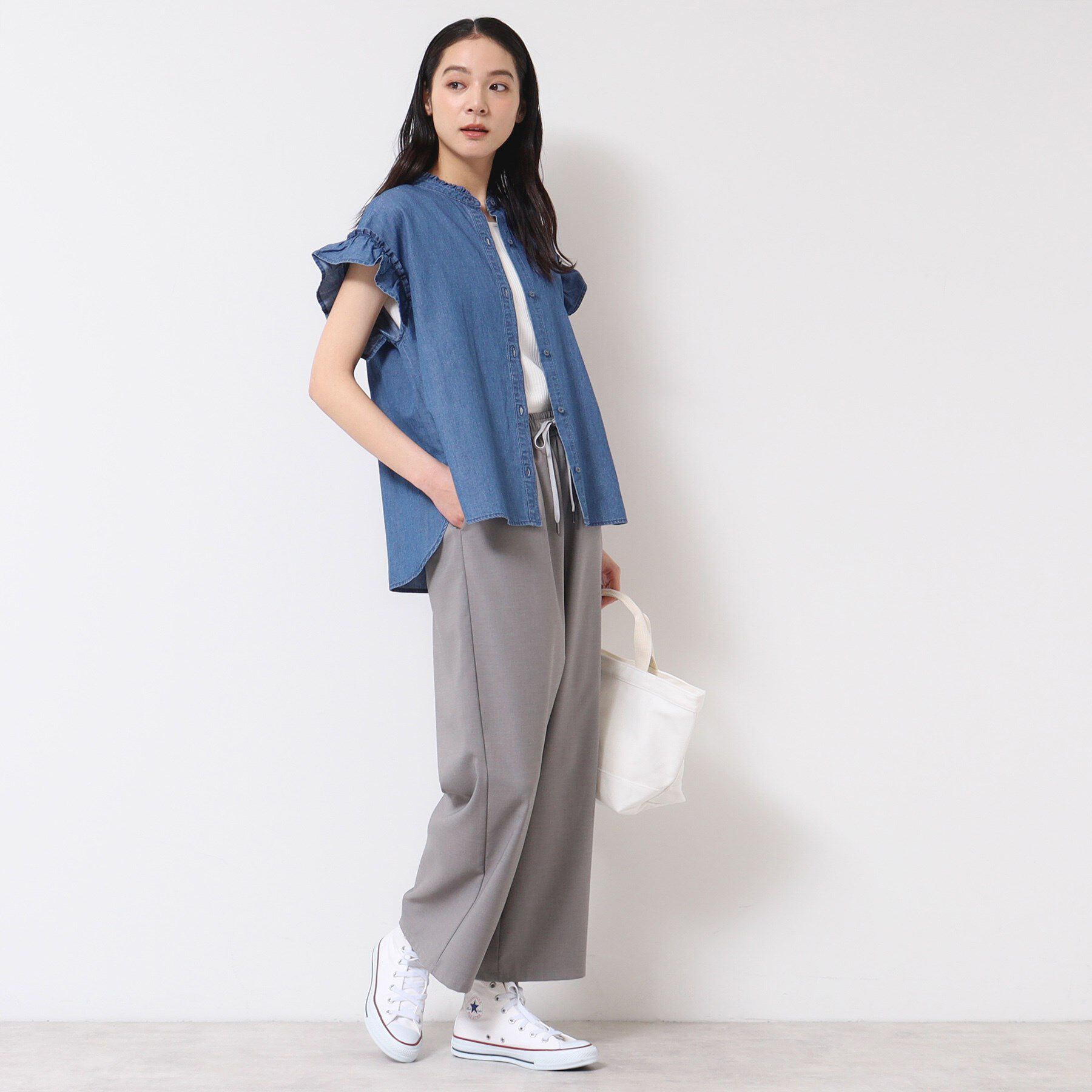 Dessin「【洗える】ギャザーフリル綿麻デニムブラウス」|シャツ・ブラウス|