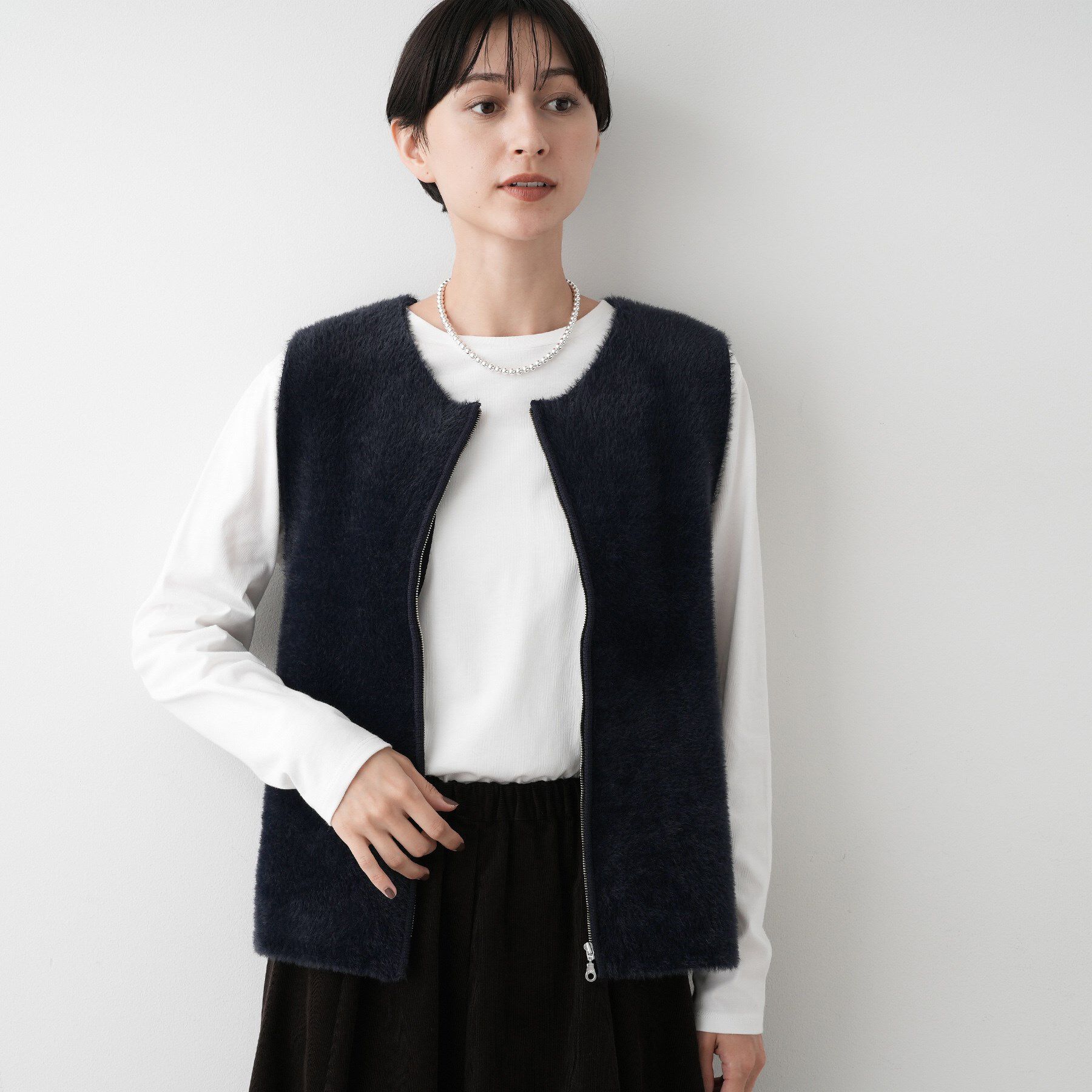 Dessin「【洗える】ファーヤーンジップジレ」|ベスト・ジレ|ネイビー(094)