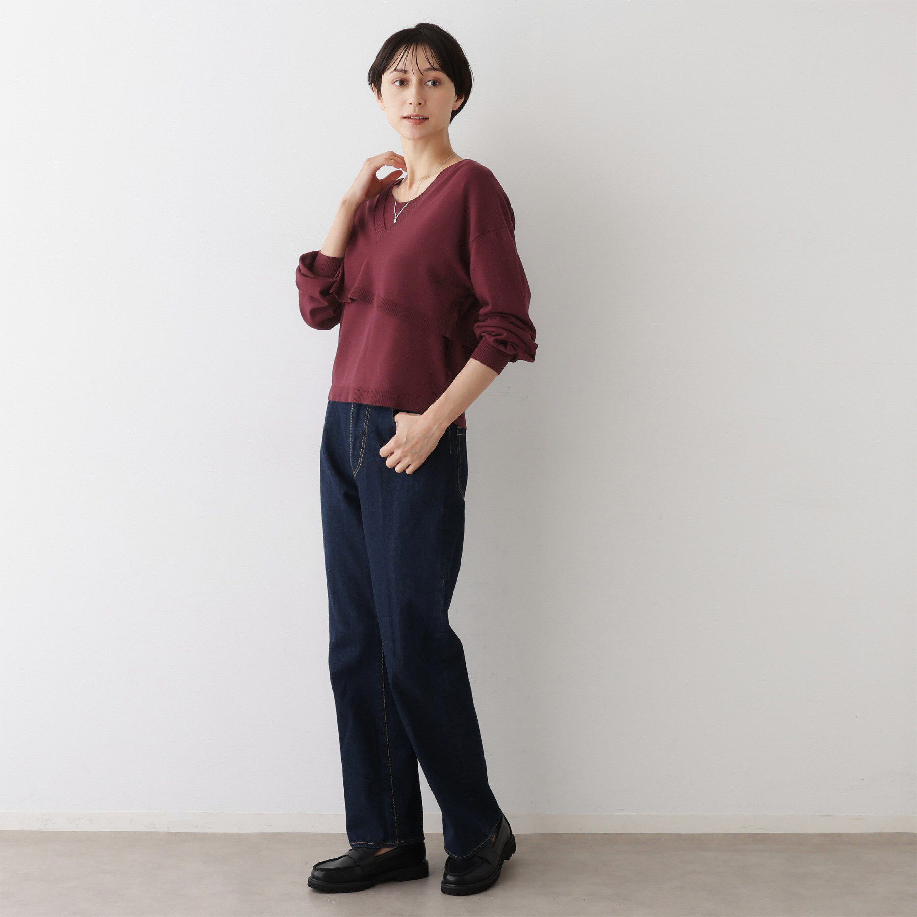 Dessin「【2点セット/3WAY/洗える】ノースリーブインナー付きVネックショート丈ニット」|ニット・セーター|