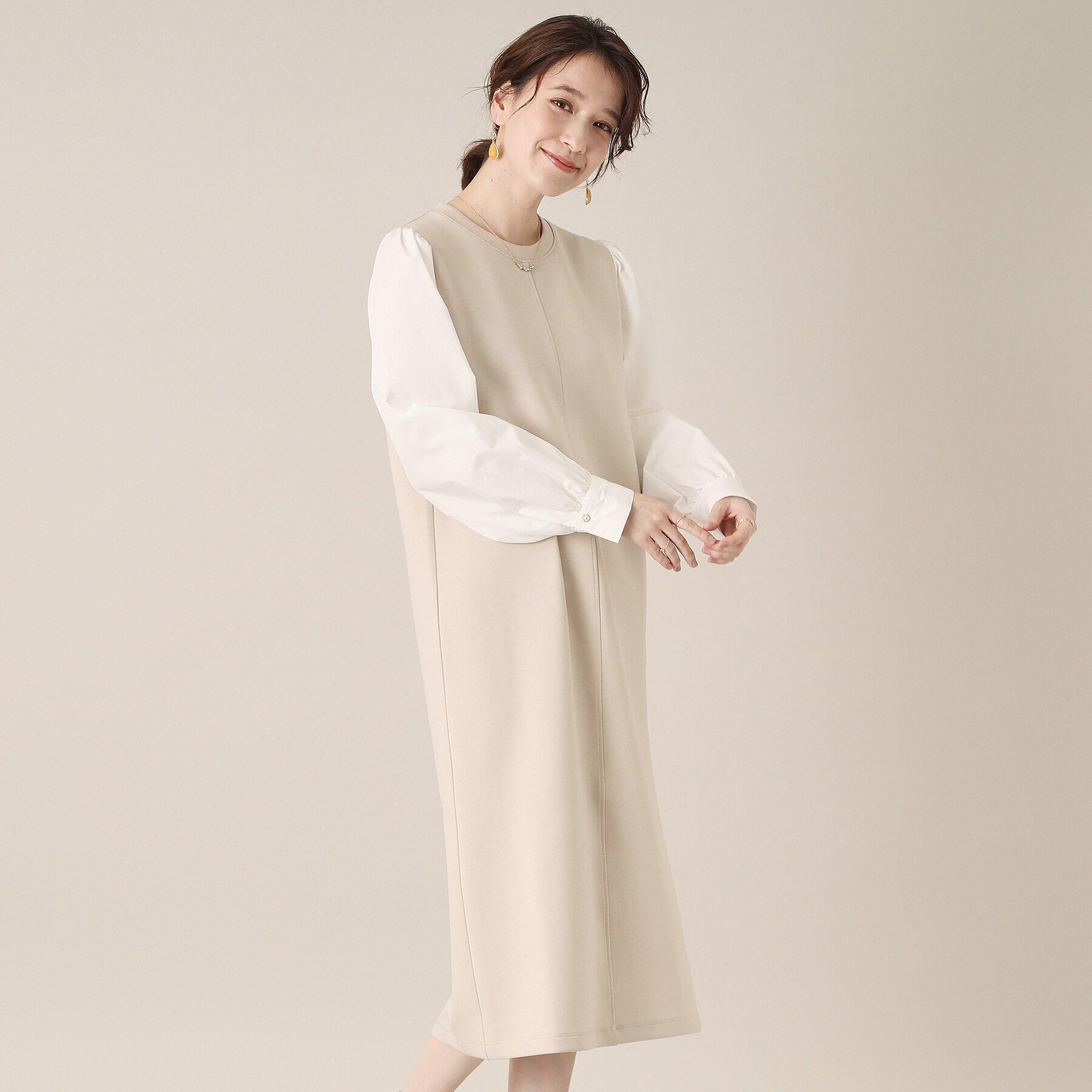 ITS&rsquo;DEMO「【手洗い可】ダンボールジャージーワンピース」|ワンピース|ライトベージュ(05