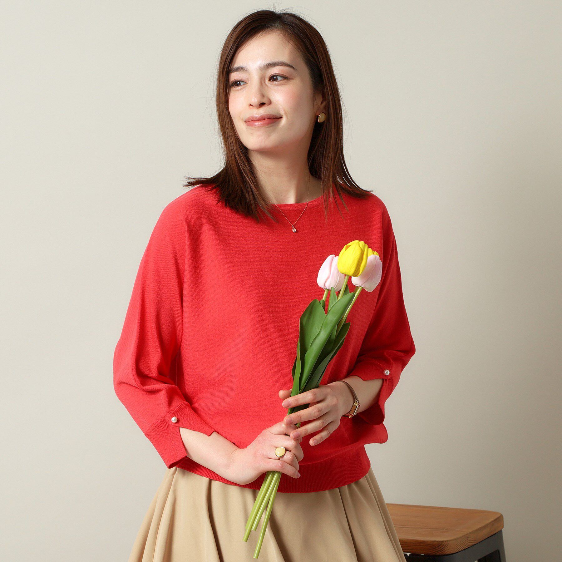 ITS&rsquo;DEMO「【縮みに強い／洗濯機OK】ボートネック天竺ドルマンニット」|ニット・セーター|レッド(061)