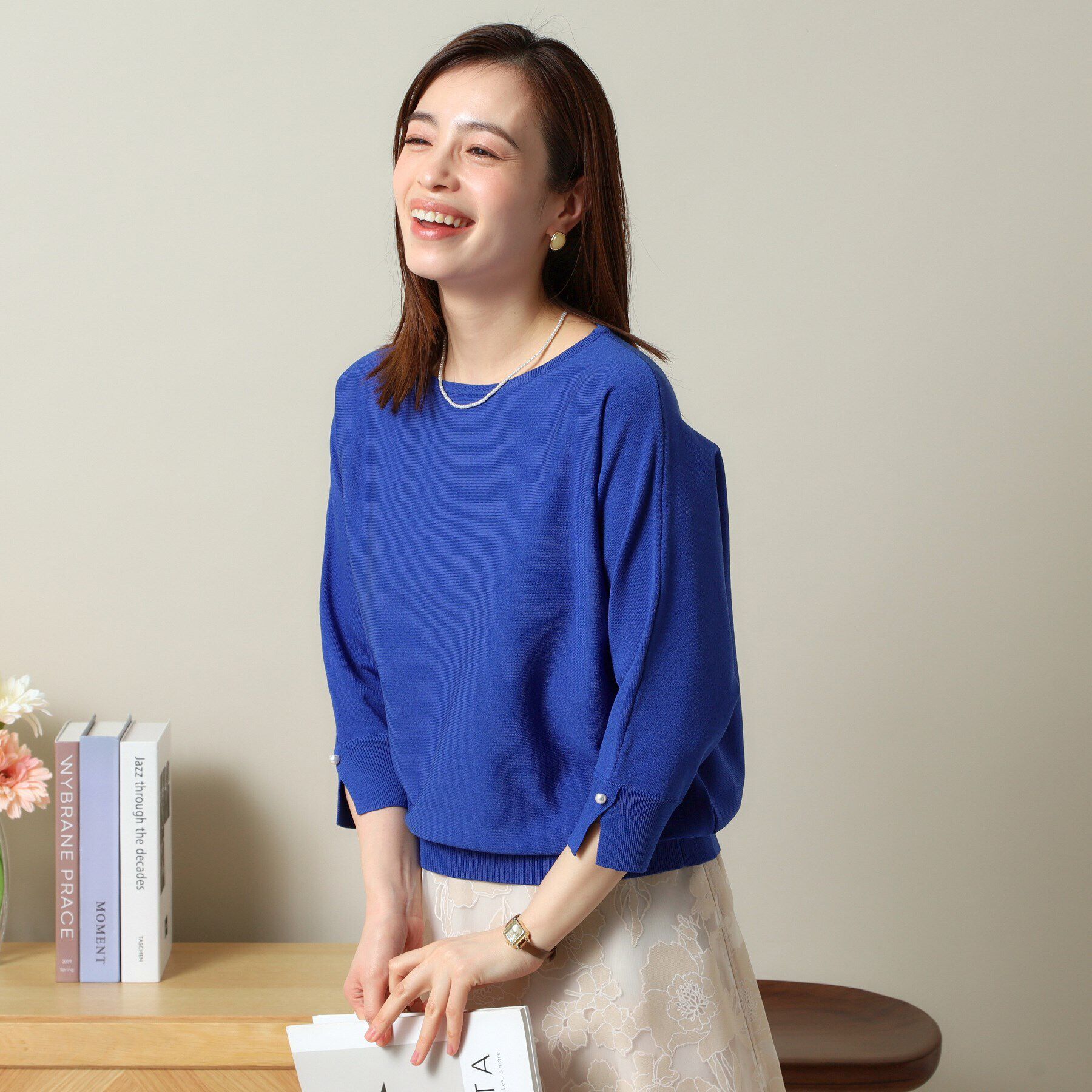 ITS&rsquo;DEMO「【縮みに強い／洗濯機OK】ボートネック天竺ドルマンニット」|ニット・セーター|ブルー(093)