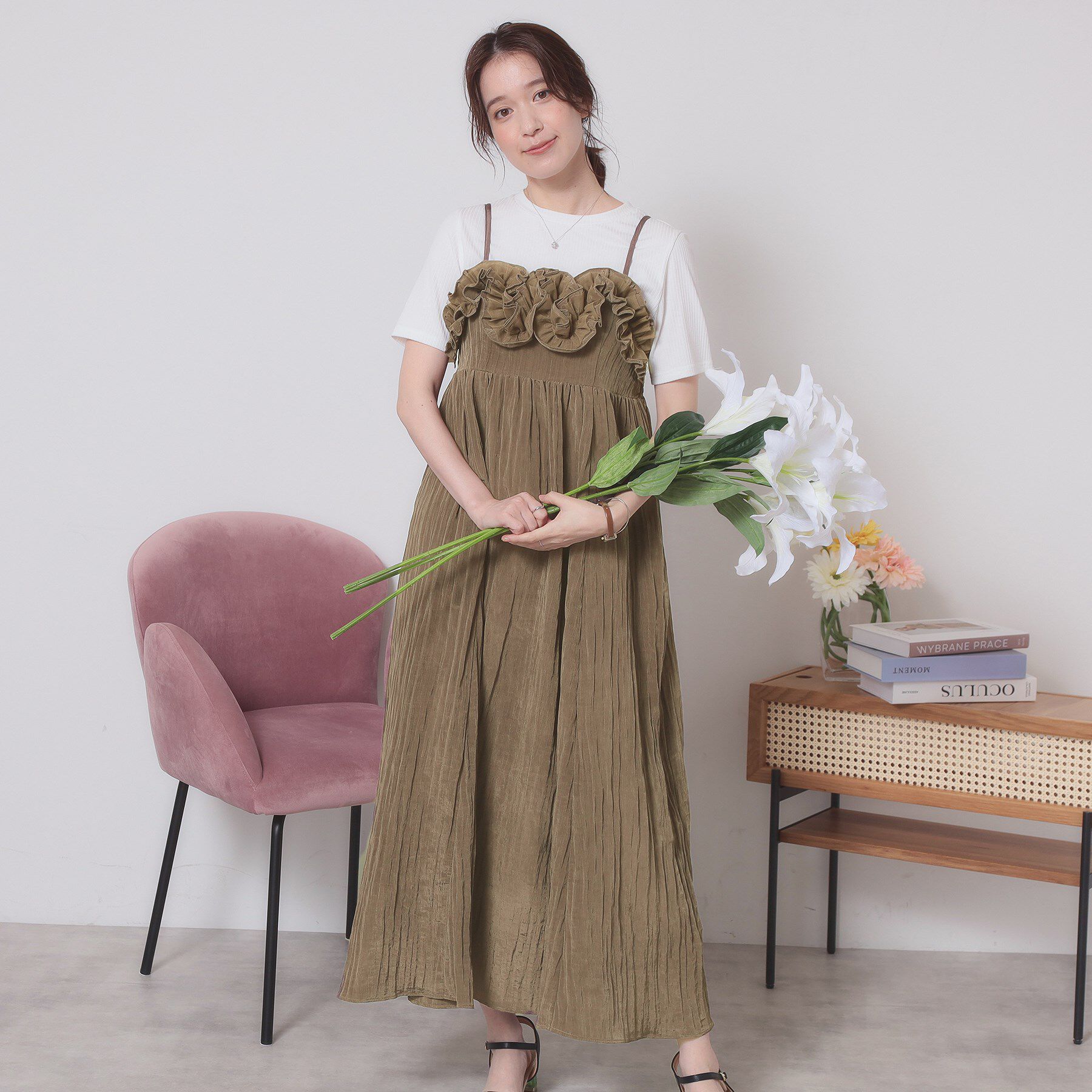 ITS&rsquo;DEMO「【手洗い可】ワッシャーサテンキャミワンピース」|ワンピース|カーキ(027)