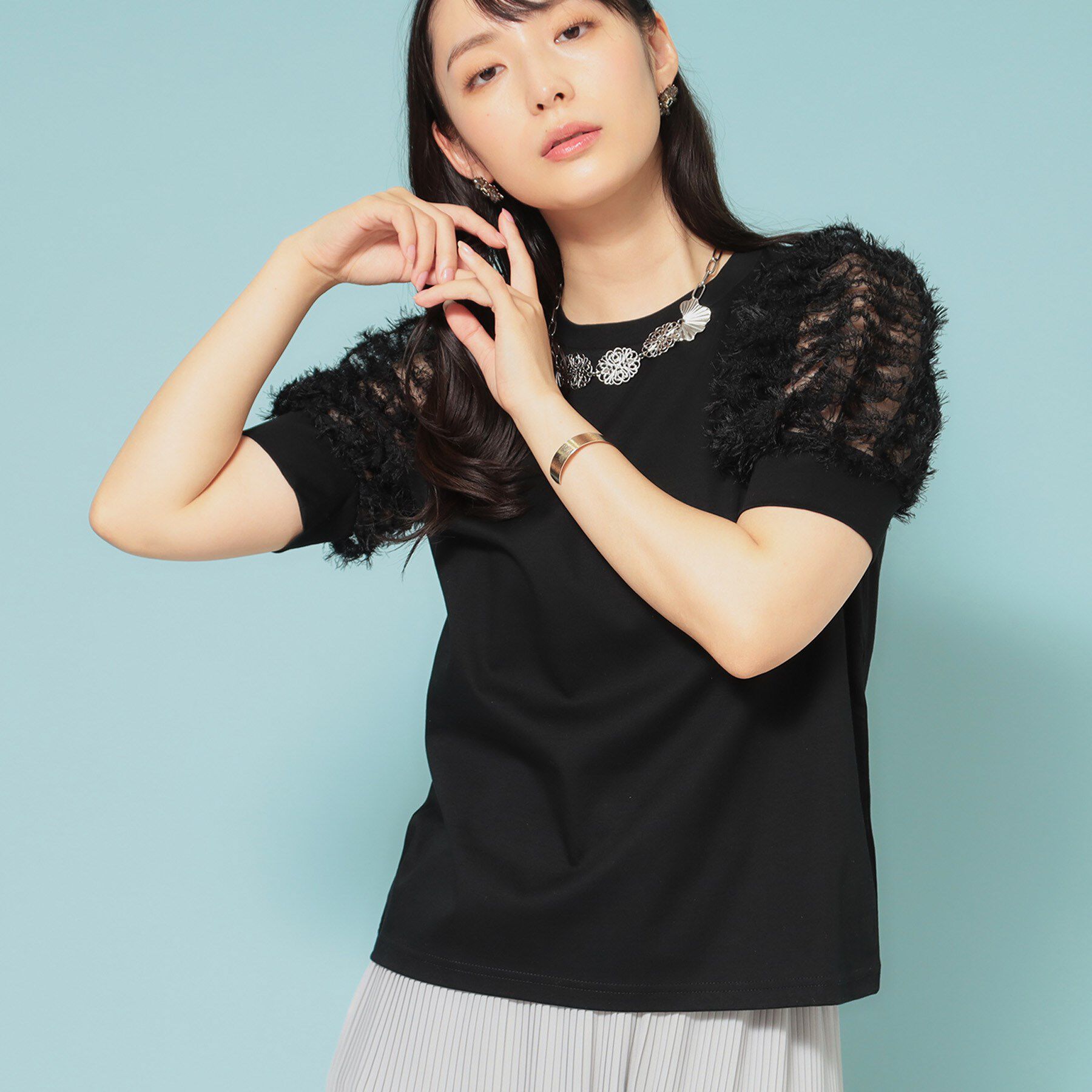 SunaUna「【秋まで着られる／袖チュール】パフスリーブカットソー」|Tシャツ・カットソー|ブラック(019)