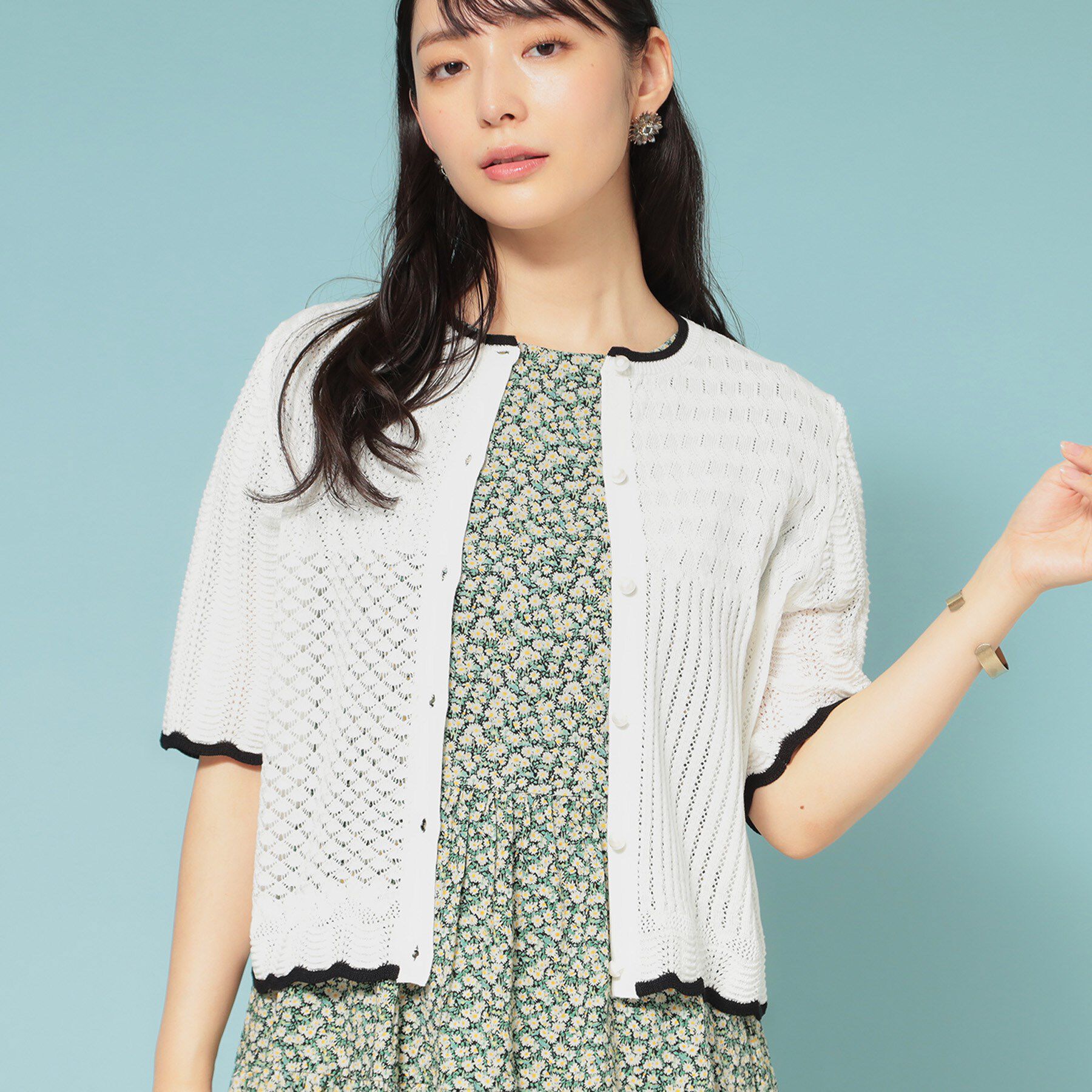 SunaUna「【新作／透かし柄／3色展開】スカラップカーディガン」|カーディガン|オフホワイト(003