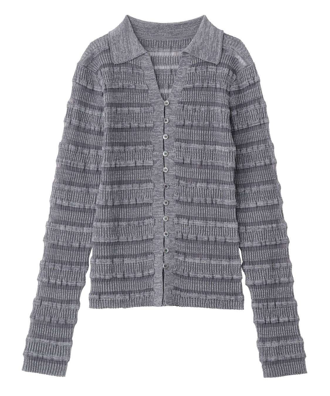 COCO DEAL「フリルボーダーニットシャツ」|シャツ・ブラウス|杢グレー