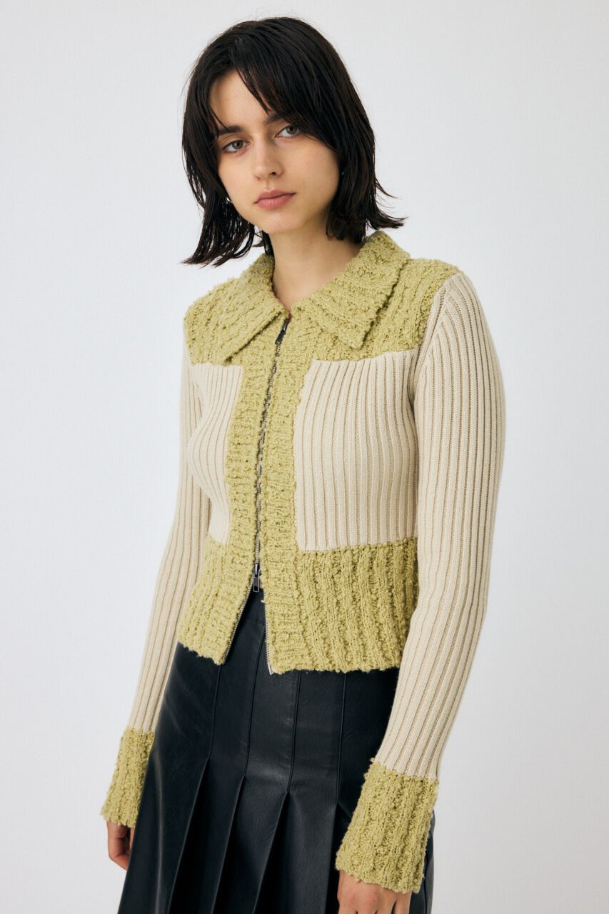 MOUSSY「MIX PATTERN ZIP UP POLO カーディガン」|ニット・セーター|